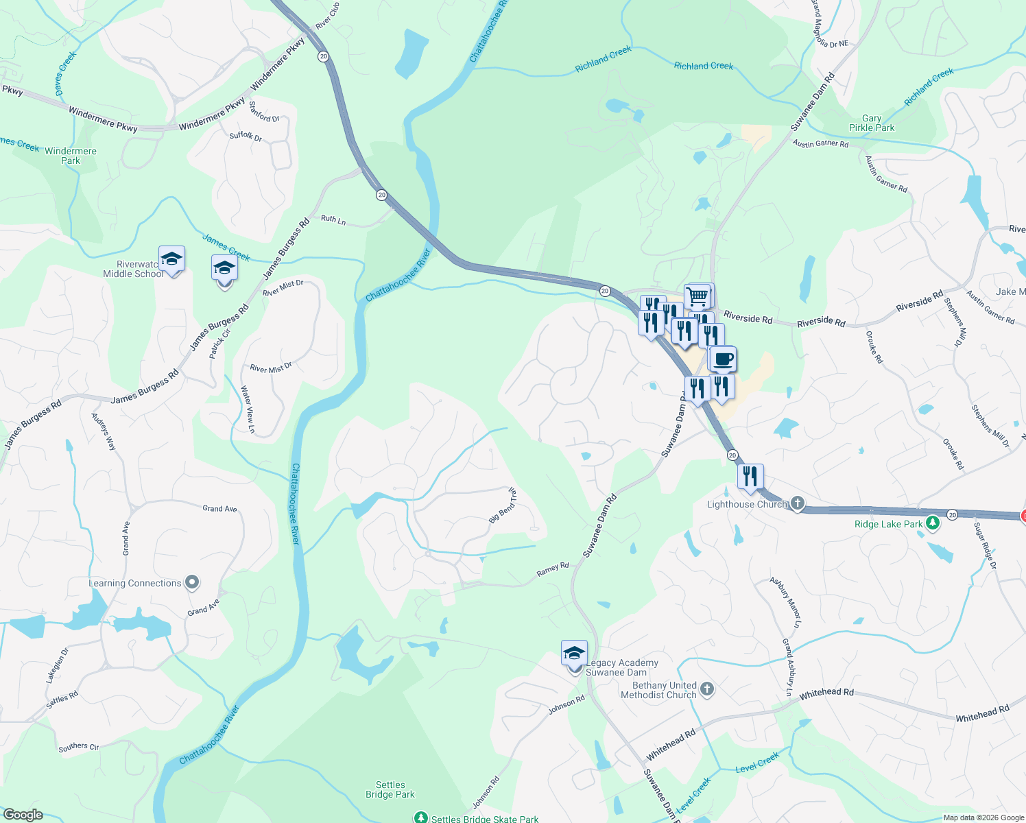 map of restaurants, bars, coffee shops, grocery stores, and more near 209 Brookcliff Drive Northeast in Sugar Hill