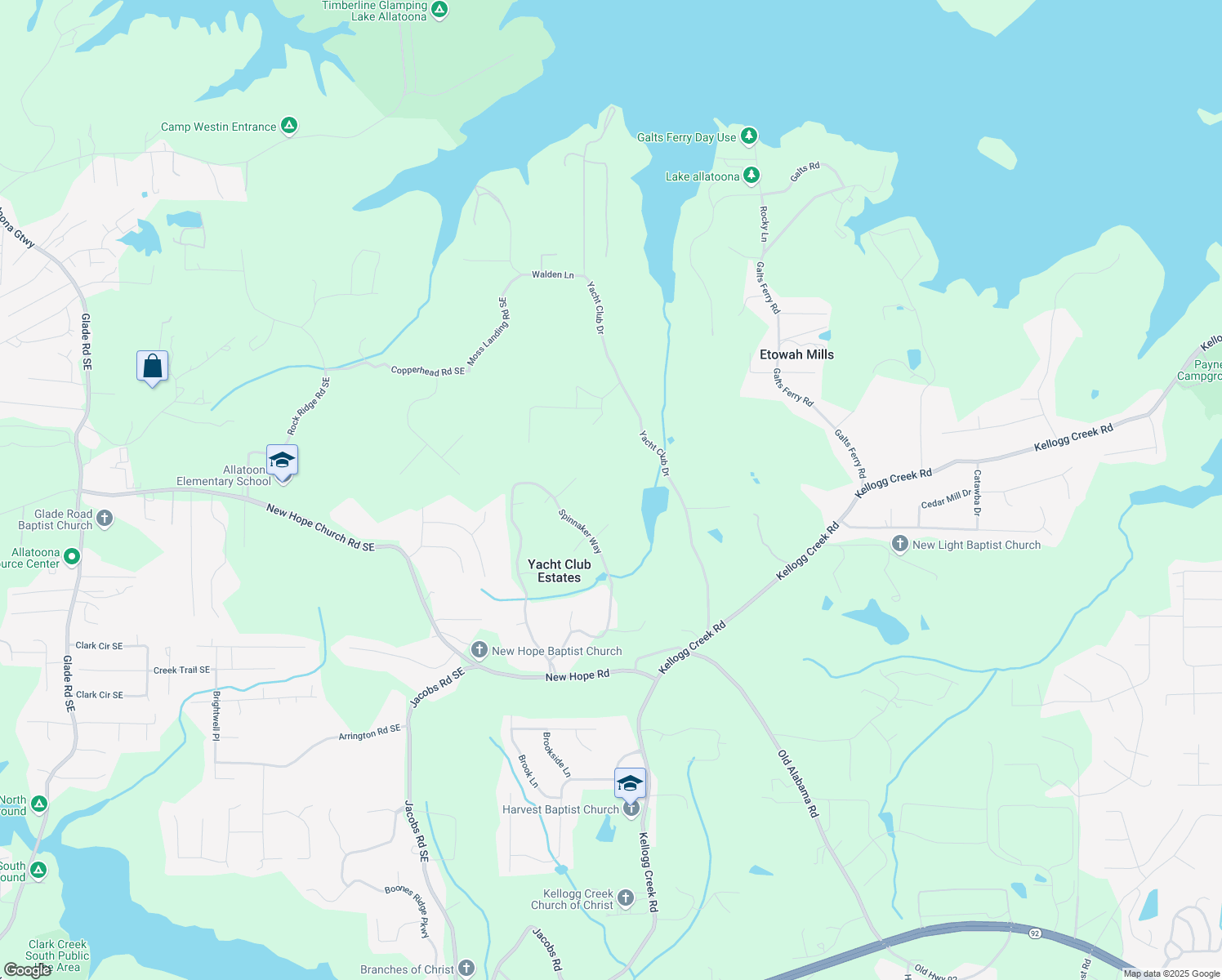 map of restaurants, bars, coffee shops, grocery stores, and more near 6791 Yacht Club Drive in Acworth