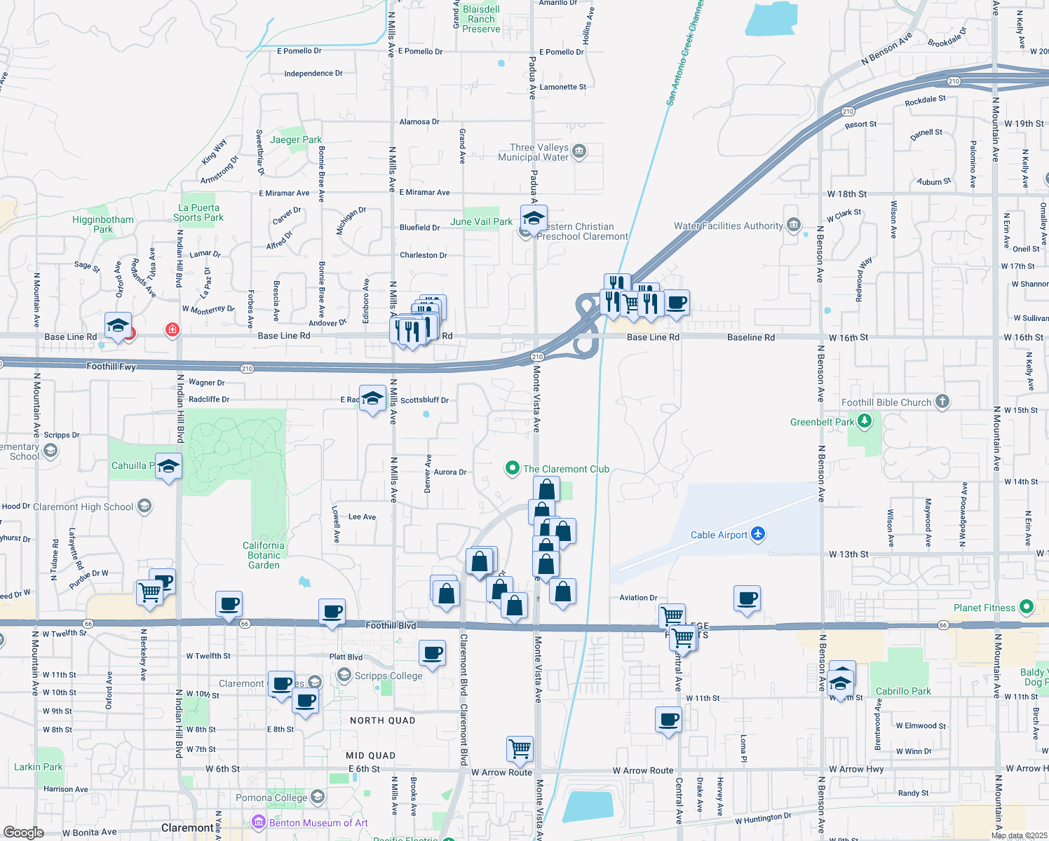 map of restaurants, bars, coffee shops, grocery stores, and more near 860 Wabash Court in Claremont