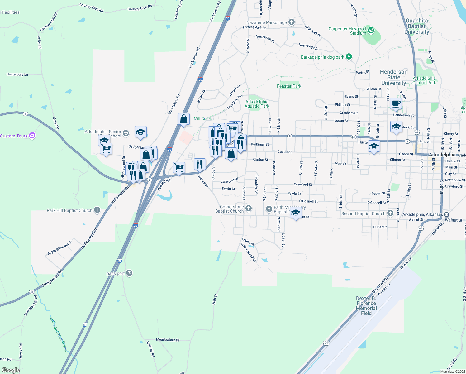 map of restaurants, bars, coffee shops, grocery stores, and more near 2818 Sylvia St in Arkadelphia