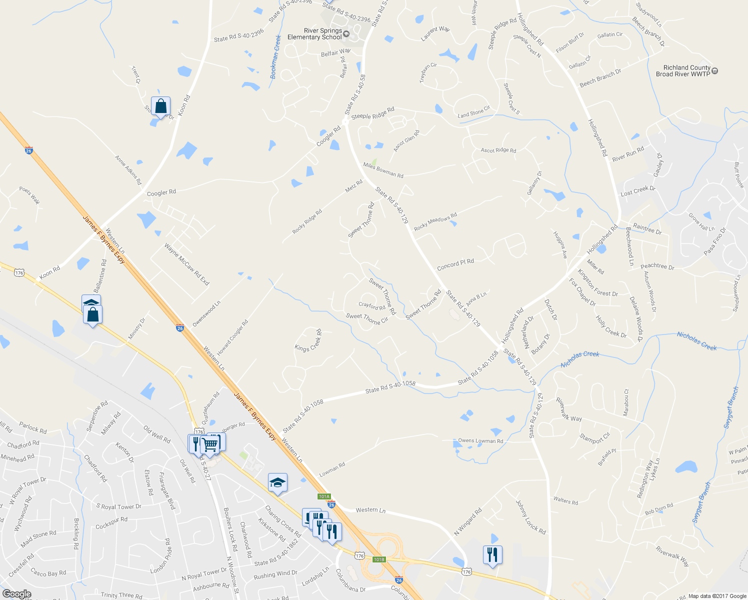 map of restaurants, bars, coffee shops, grocery stores, and more near 5 Elcock Circle in Irmo
