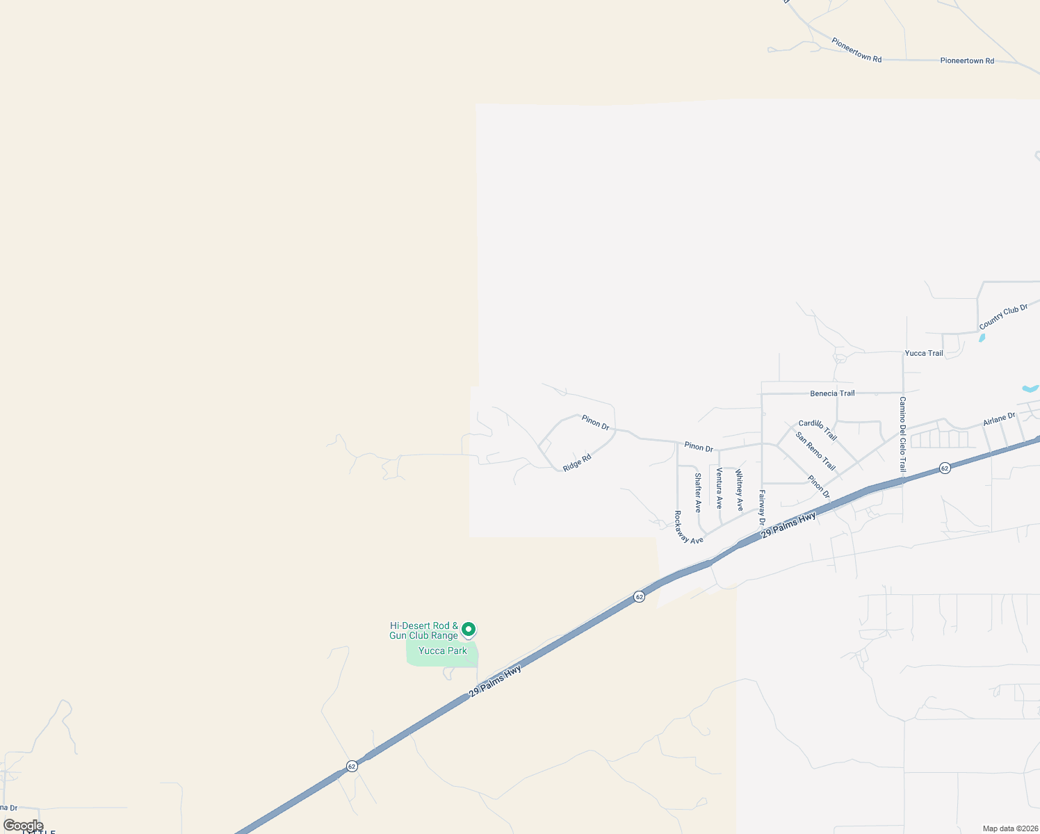 map of restaurants, bars, coffee shops, grocery stores, and more near 53806 Ridge Road in Yucca Valley