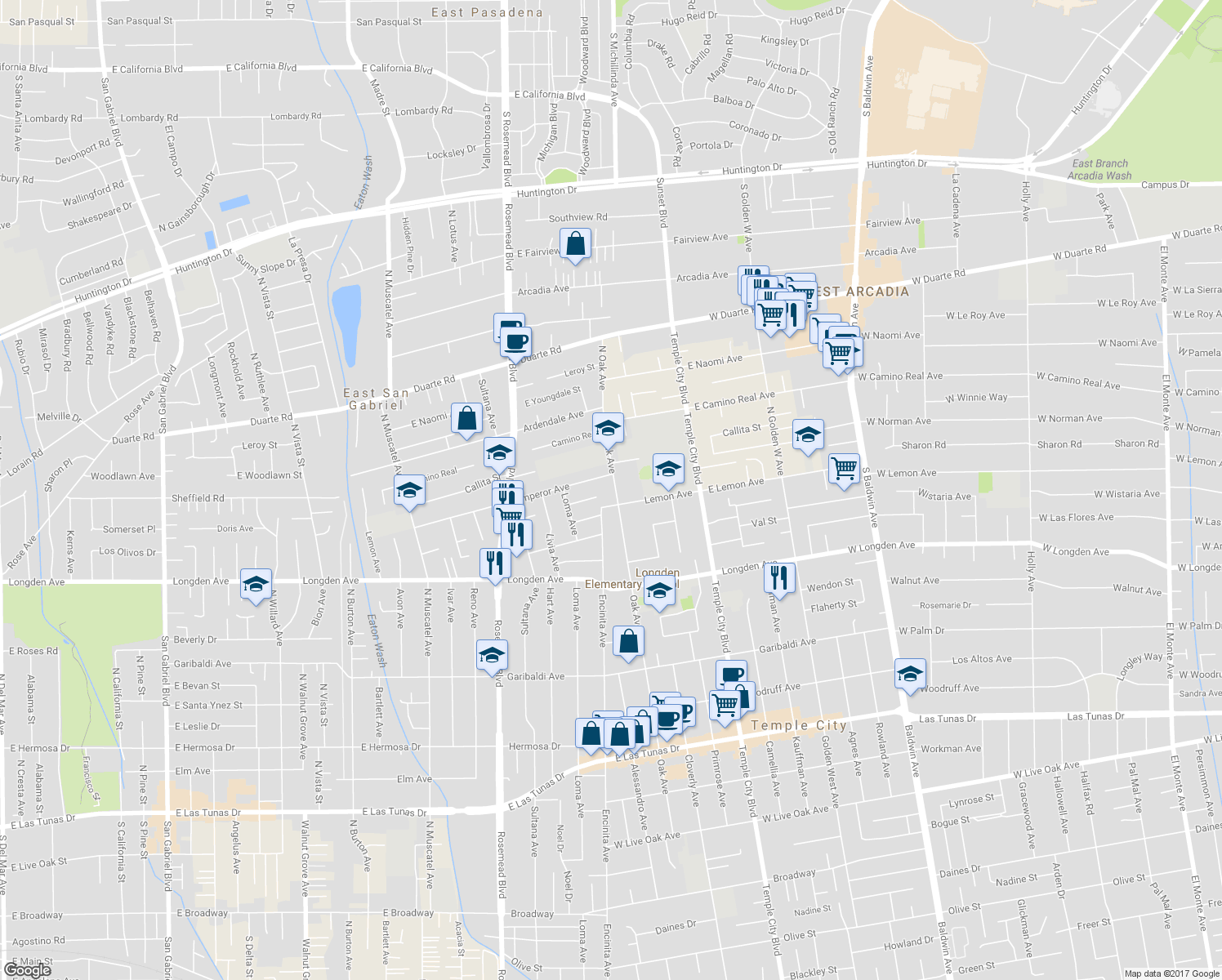 map of restaurants, bars, coffee shops, grocery stores, and more near 6523 Oak Avenue in Temple City