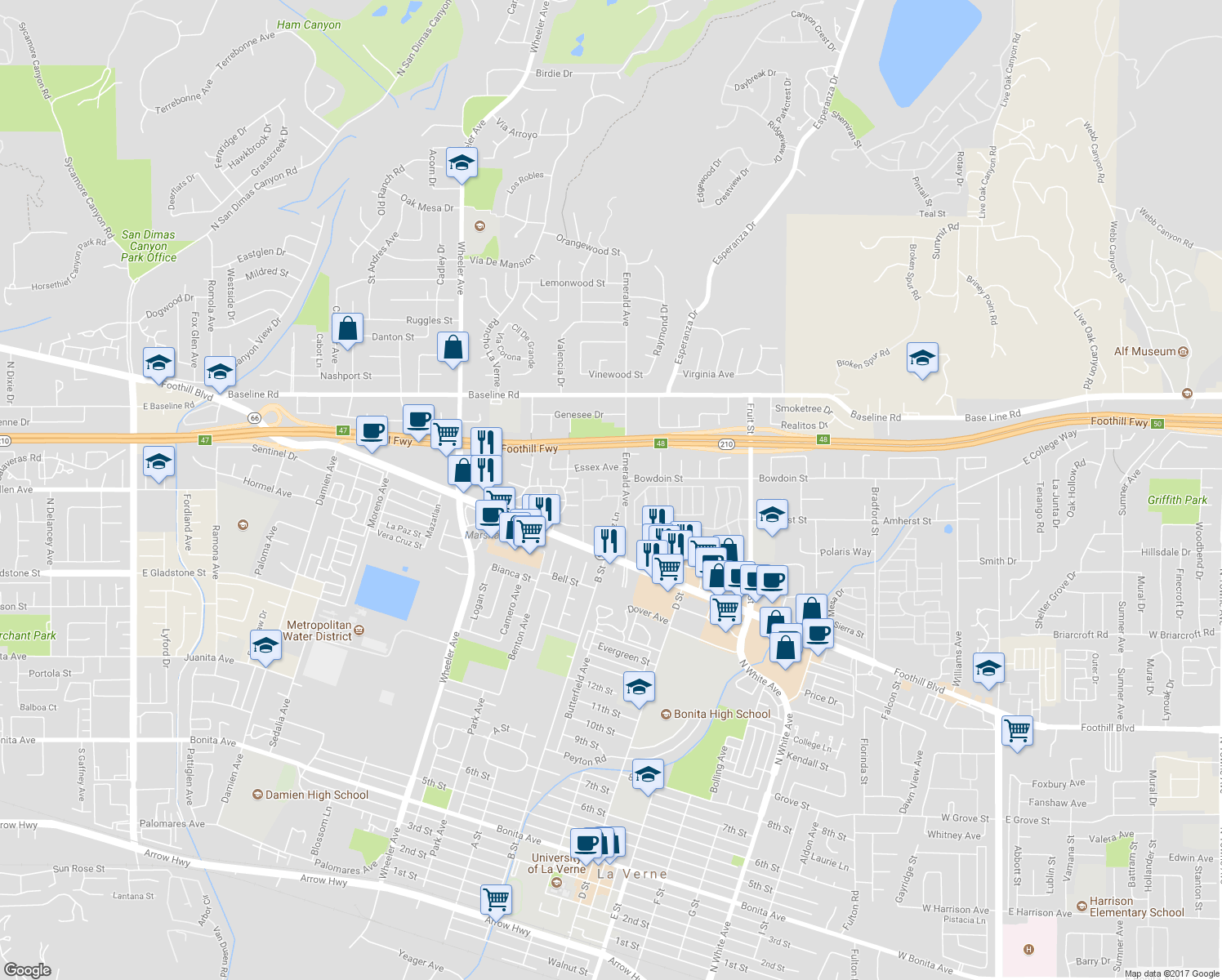 map of restaurants, bars, coffee shops, grocery stores, and more near 4265 Emerald Avenue in La Verne