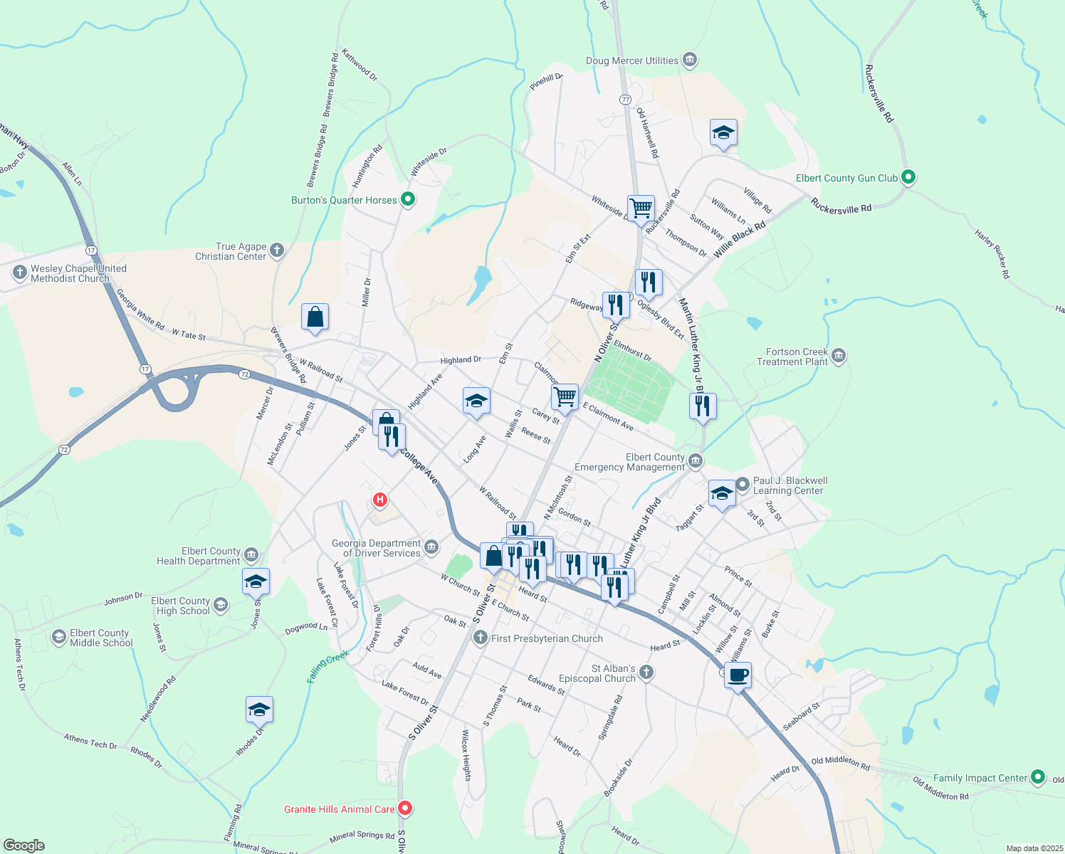 map of restaurants, bars, coffee shops, grocery stores, and more near 36 Reese Street in Elberton