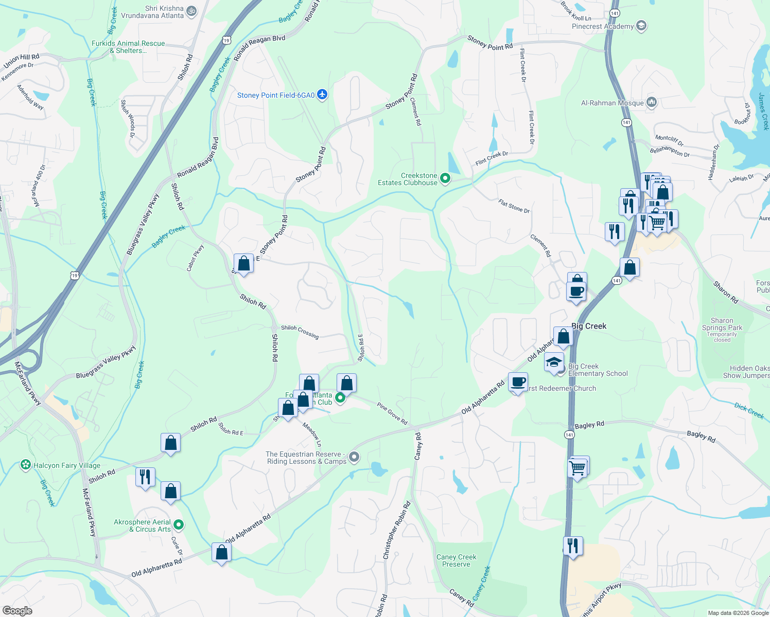 map of restaurants, bars, coffee shops, grocery stores, and more near 6895 Ridgefield Drive in Alpharetta