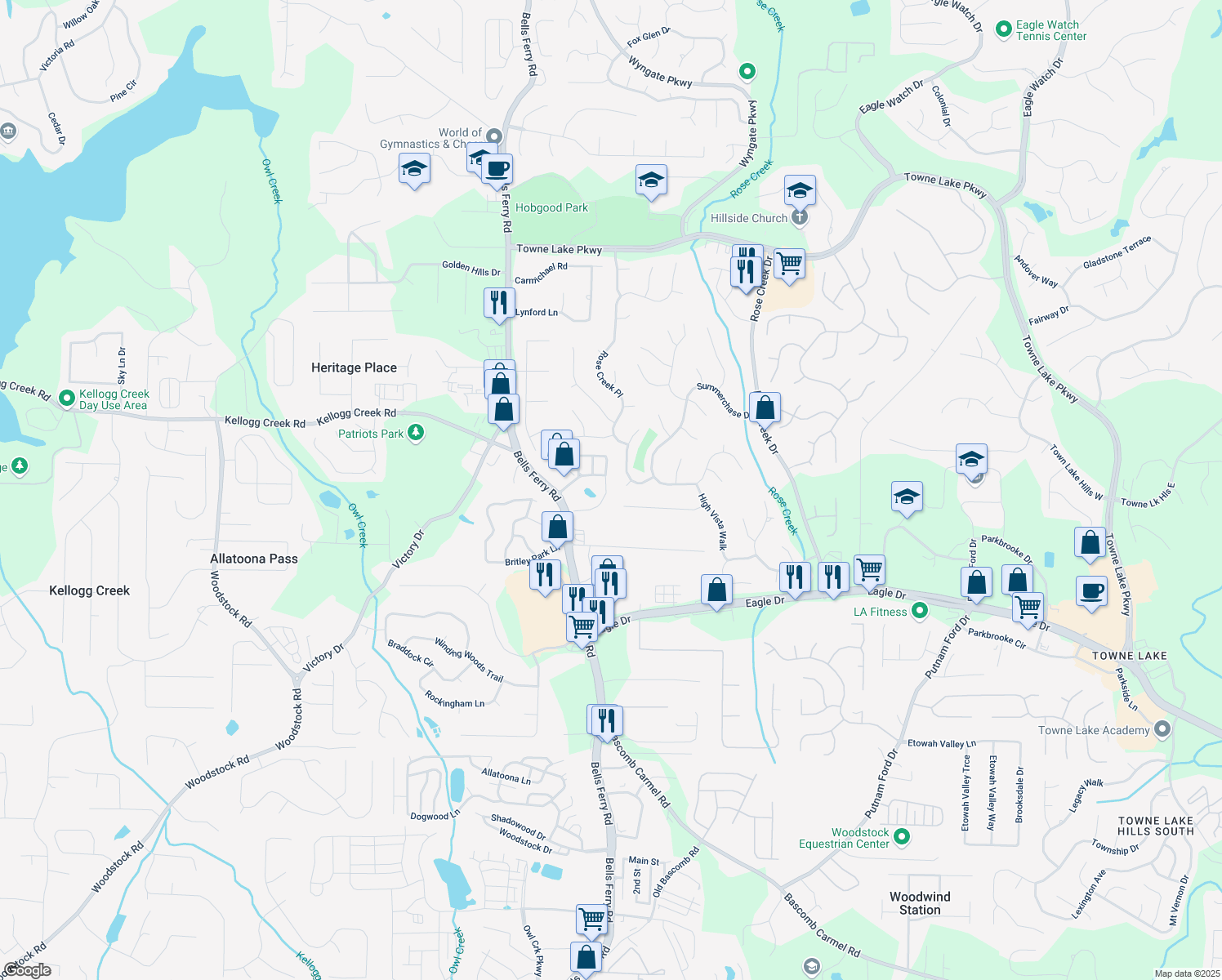 map of restaurants, bars, coffee shops, grocery stores, and more near 521 Mirramont Pl in Woodstock