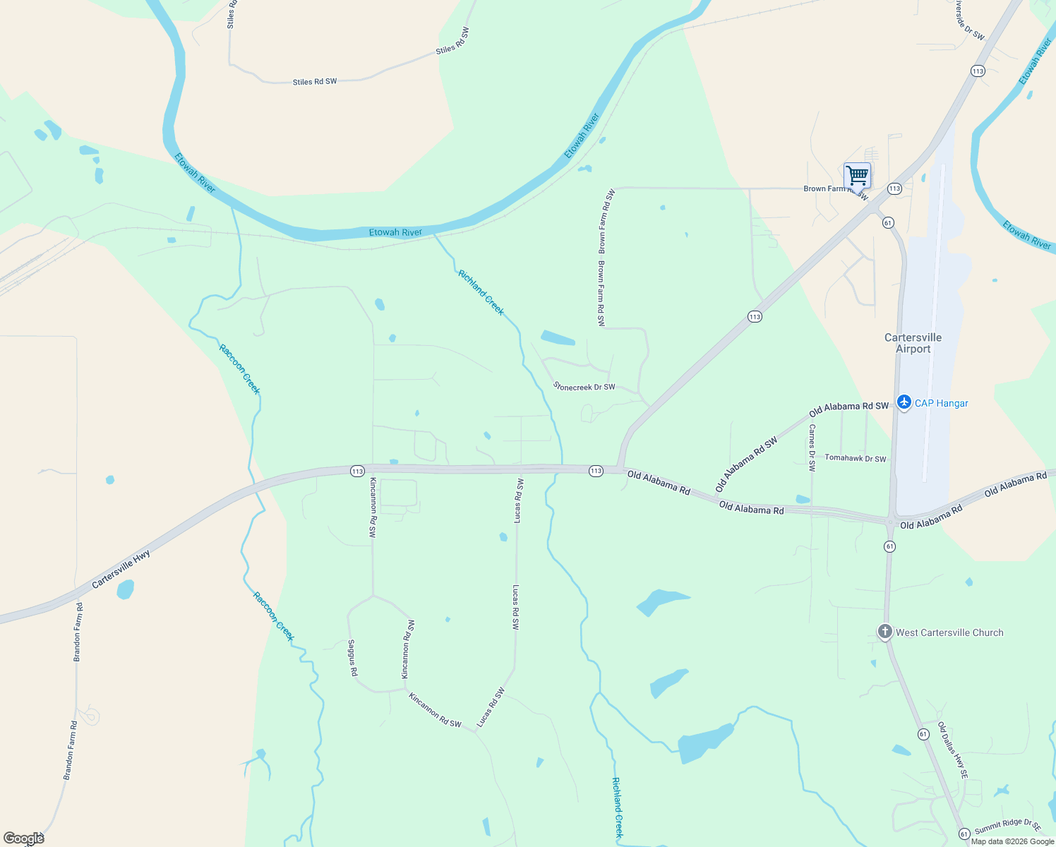 map of restaurants, bars, coffee shops, grocery stores, and more near 48 Richland Drive Southwest in Cartersville