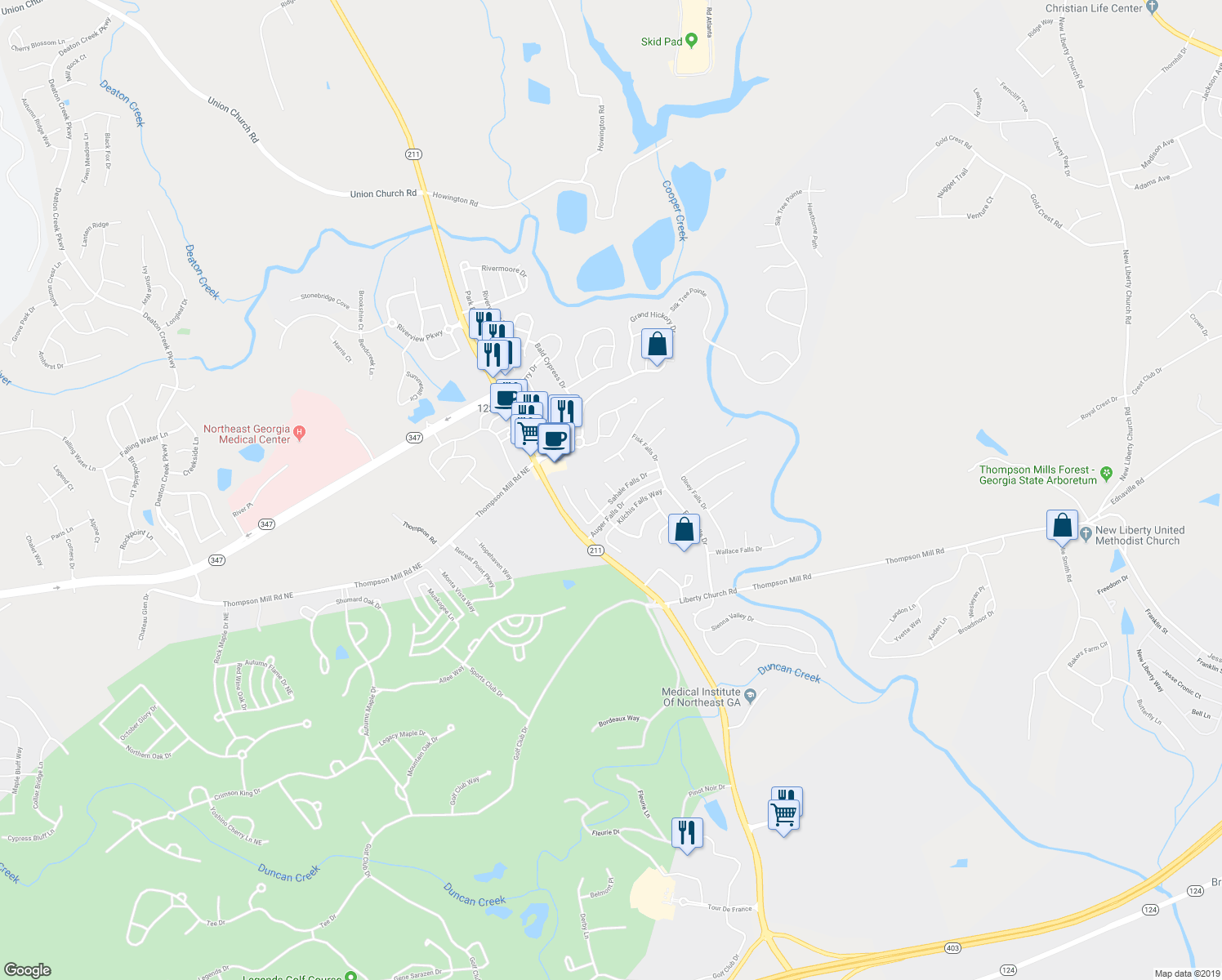 map of restaurants, bars, coffee shops, grocery stores, and more near 2431 Sahale Falls Court in Braselton