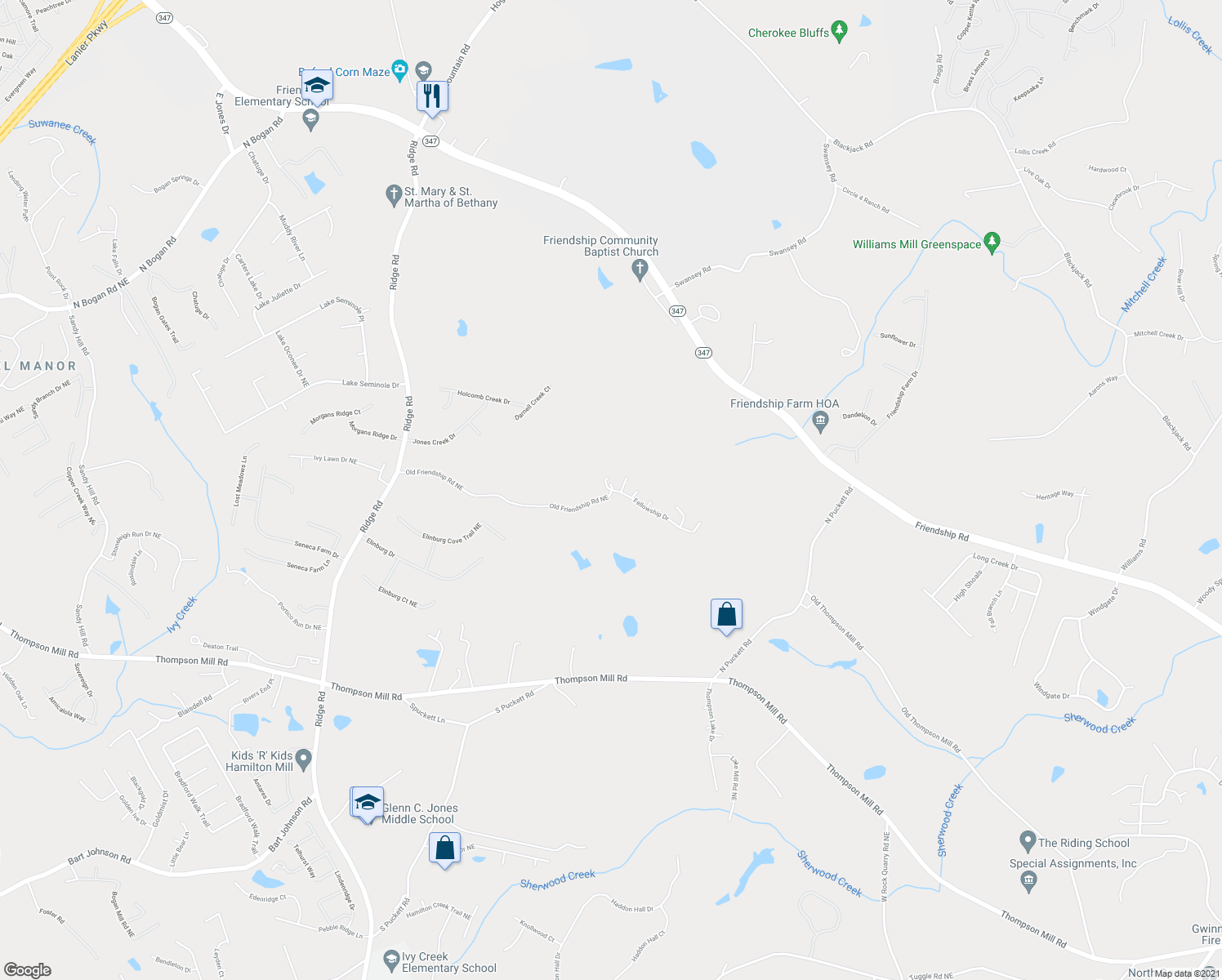 map of restaurants, bars, coffee shops, grocery stores, and more near 4007 Fellowship Drive in Buford