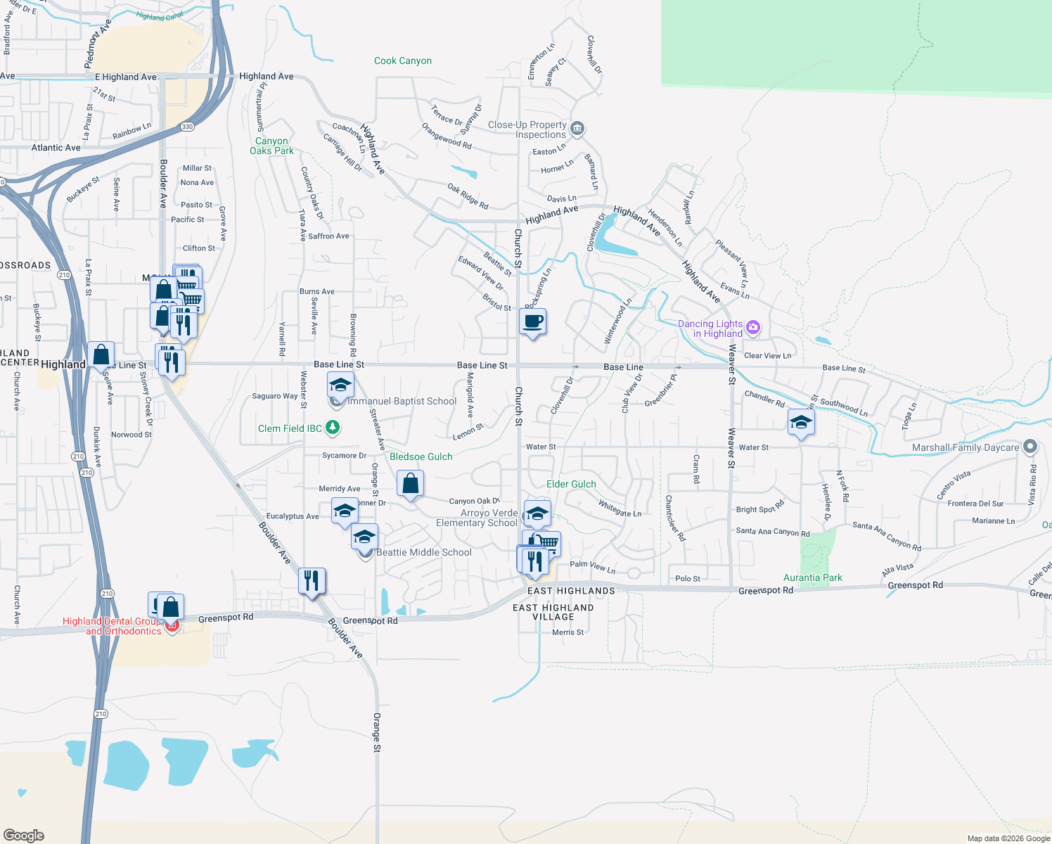 map of restaurants, bars, coffee shops, grocery stores, and more near 28911 Willow Creek Lane in Highland