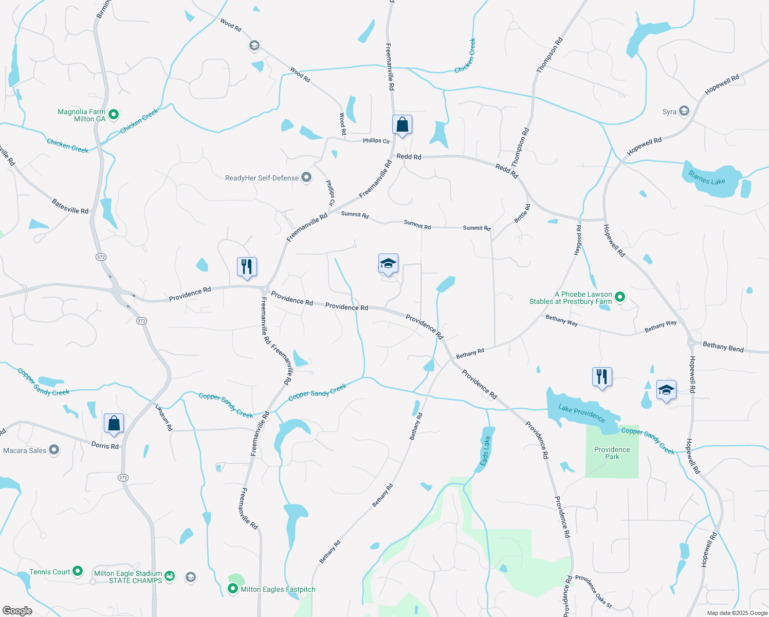 map of restaurants, bars, coffee shops, grocery stores, and more near 13783 Providence Road in Milton