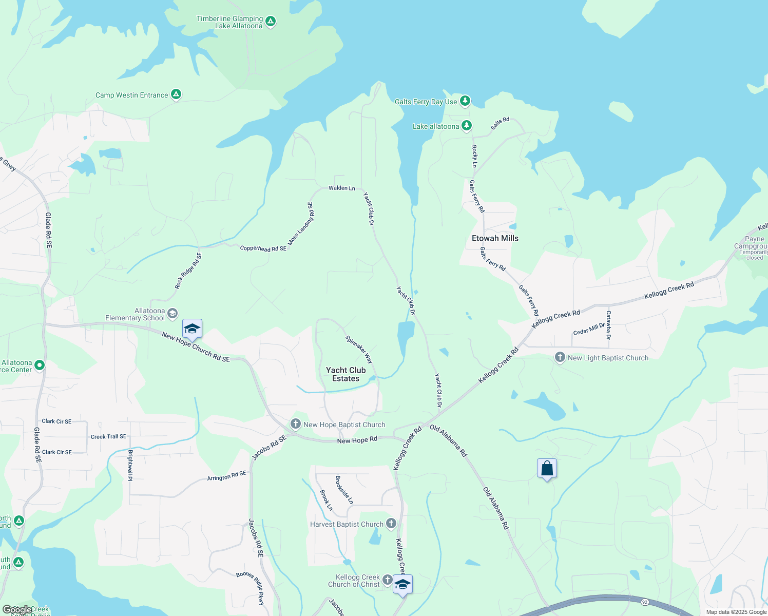 map of restaurants, bars, coffee shops, grocery stores, and more near 6791 Yacht Club Drive in Acworth