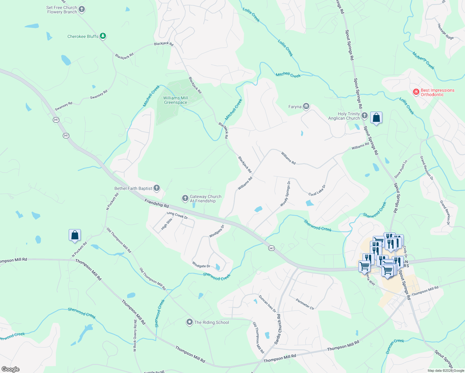 map of restaurants, bars, coffee shops, grocery stores, and more near 7450 Williams Rd in Flowery Branch