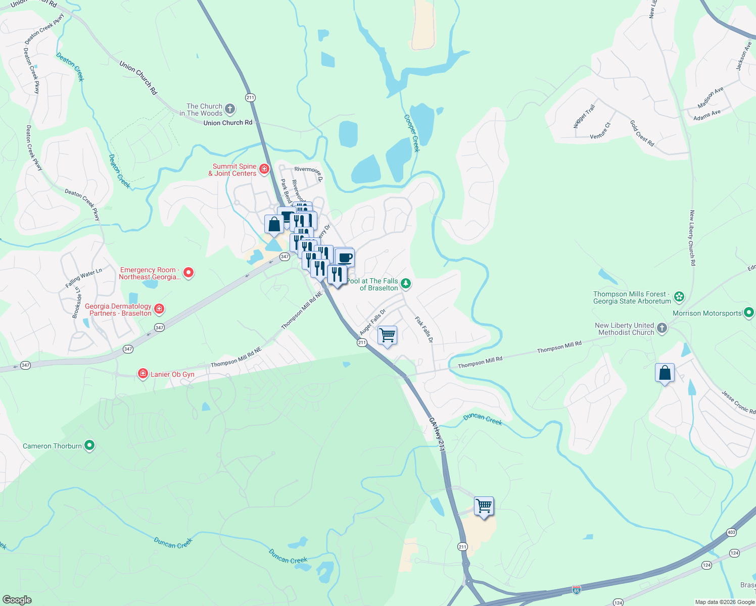 map of restaurants, bars, coffee shops, grocery stores, and more near 1615 Sahale Falls Drive in Braselton