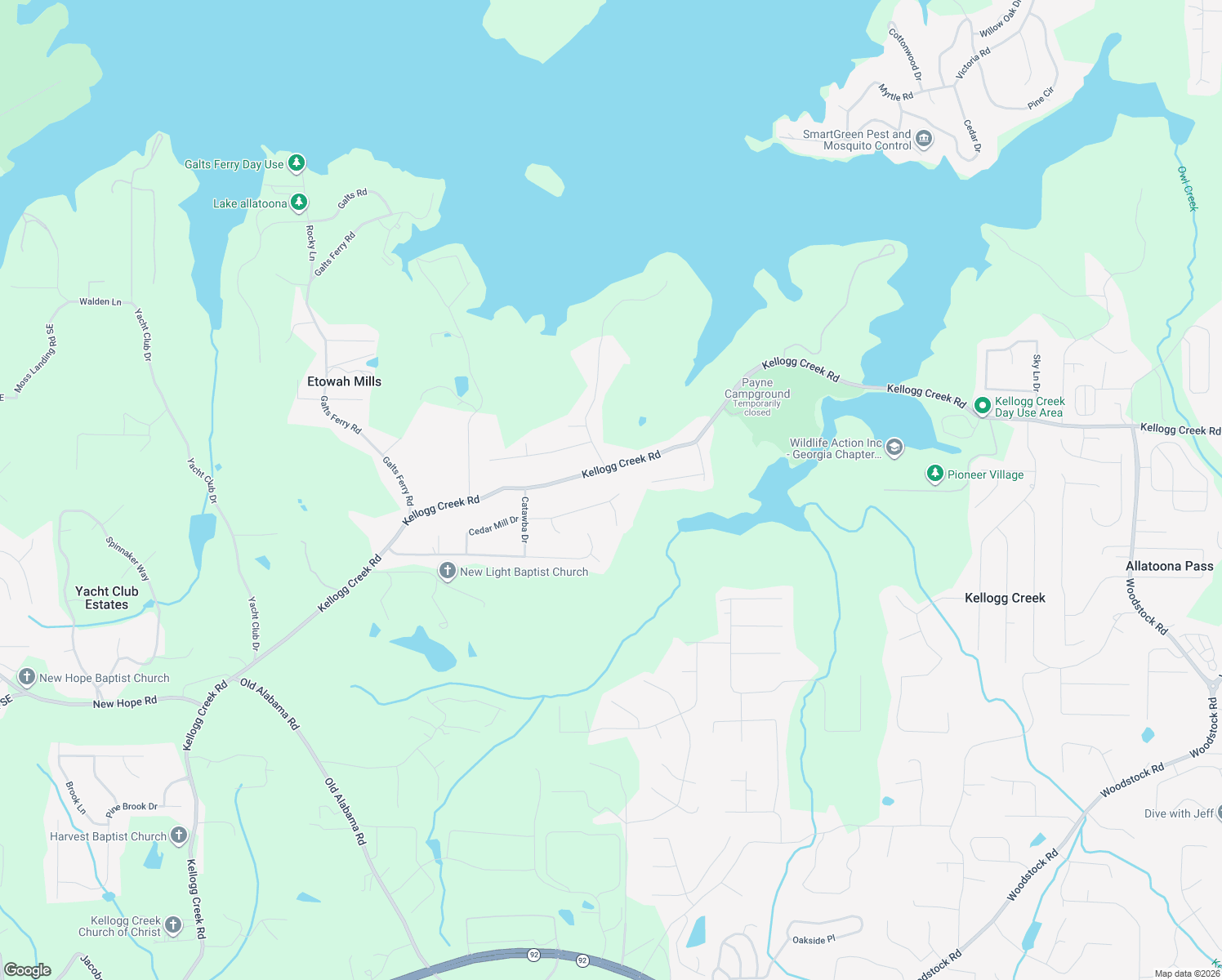 map of restaurants, bars, coffee shops, grocery stores, and more near 2892 Cedar Mill Dr in Acworth