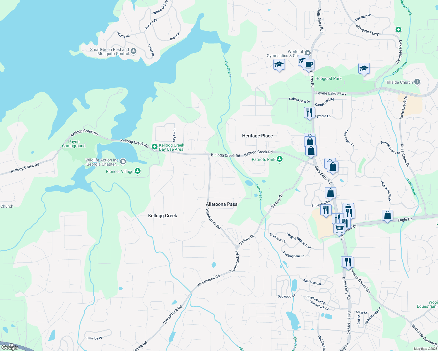 map of restaurants, bars, coffee shops, grocery stores, and more near 258 Creek View Lane in Acworth