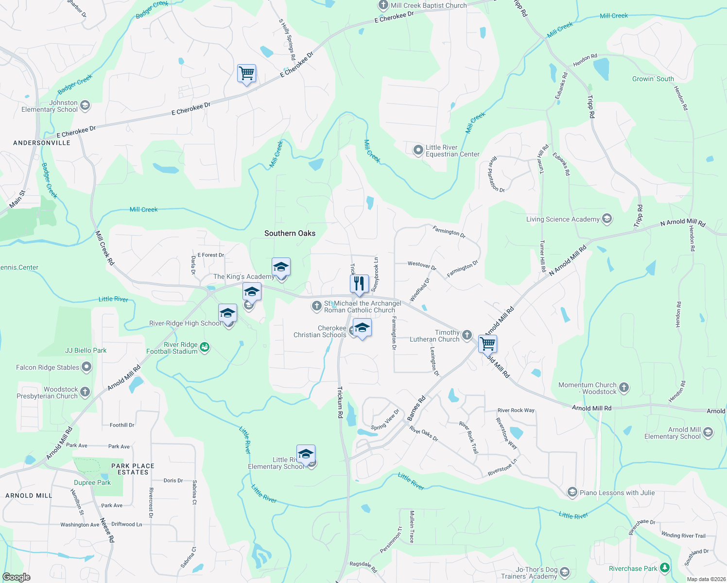 map of restaurants, bars, coffee shops, grocery stores, and more near 513 Arnold Mill Rd in Woodstock