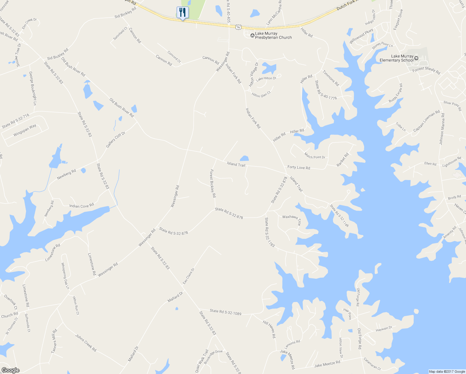 map of restaurants, bars, coffee shops, grocery stores, and more near 129 Forest Bickley Road in Chapin