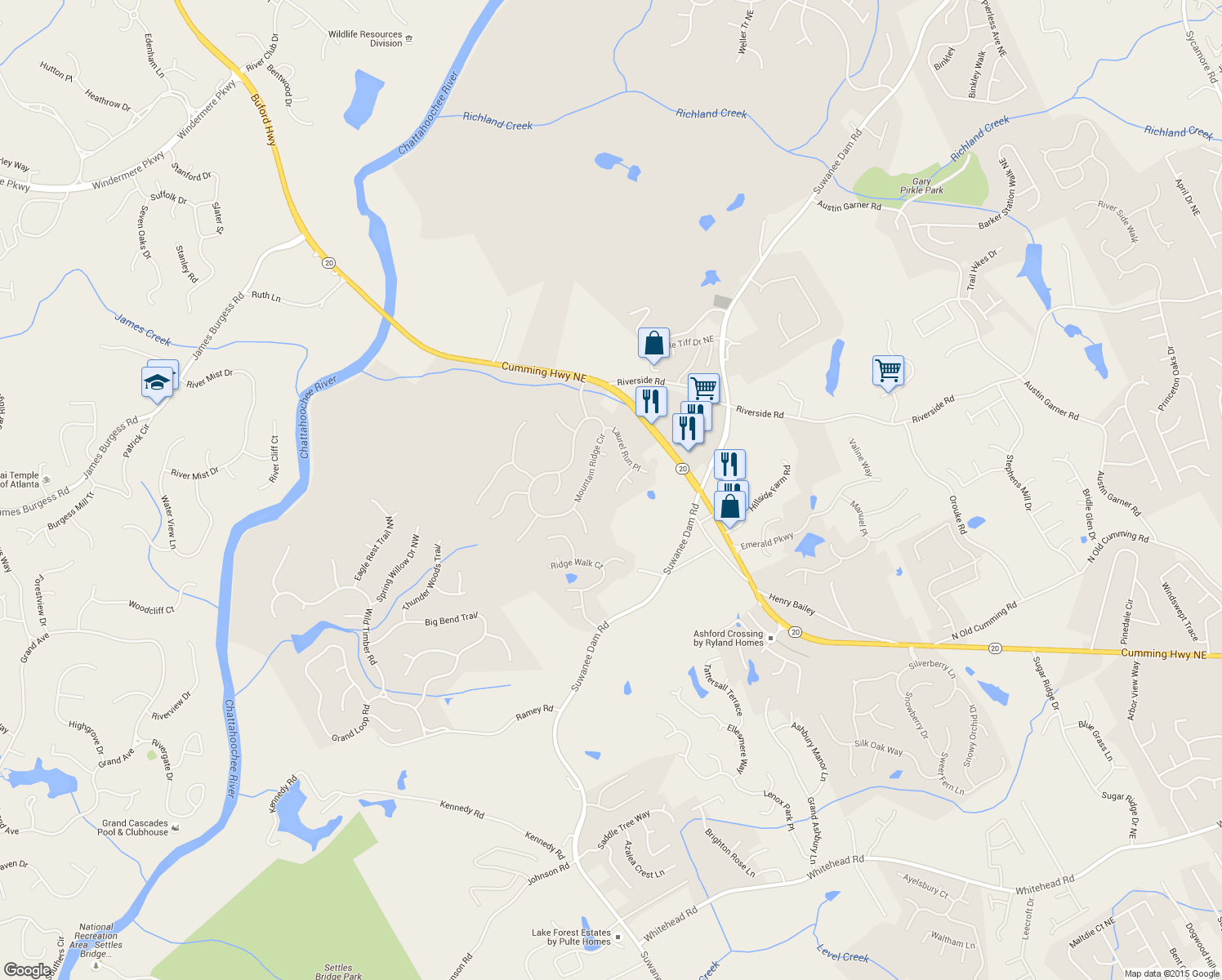 map of restaurants, bars, coffee shops, grocery stores, and more near 320 Hillside Manor Dr NE in Sugar Hill