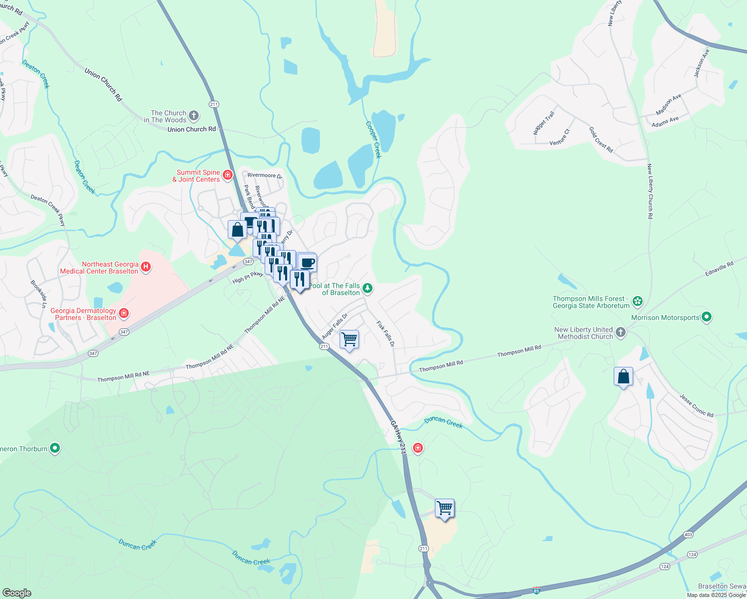 map of restaurants, bars, coffee shops, grocery stores, and more near 2540 Olney Falls Drive in Braselton