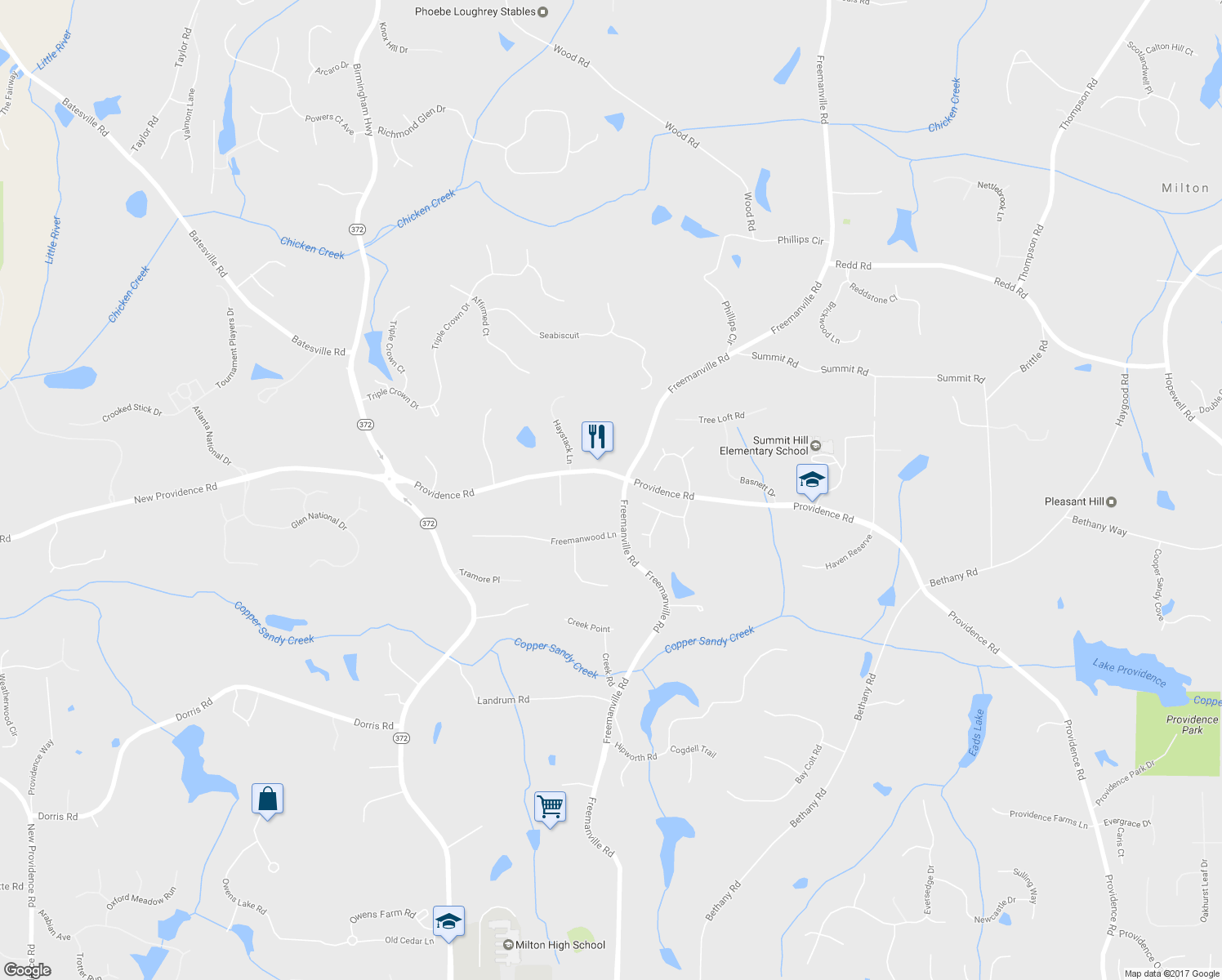 map of restaurants, bars, coffee shops, grocery stores, and more near 14250 Providence Road in Alpharetta