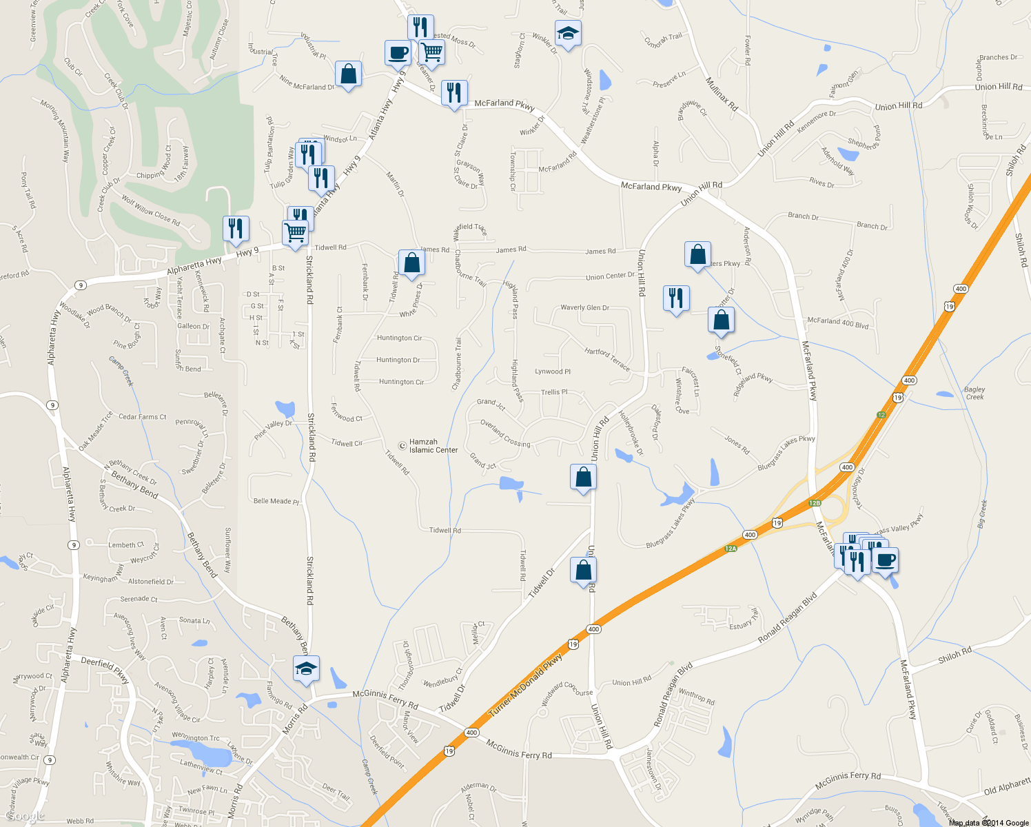 map of restaurants, bars, coffee shops, grocery stores, and more near 2405 Highland Pass in Alpharetta