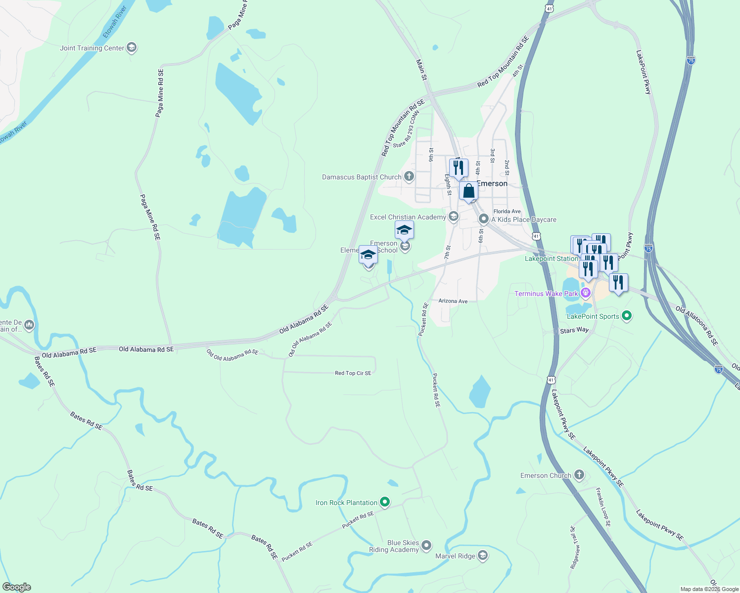 map of restaurants, bars, coffee shops, grocery stores, and more near 227 Old Alabama Rd SE in Emerson