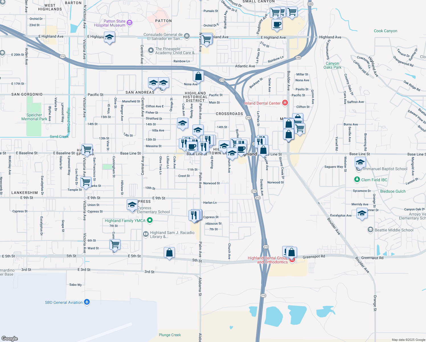 map of restaurants, bars, coffee shops, grocery stores, and more near 7421 Bonita Drive in Highland
