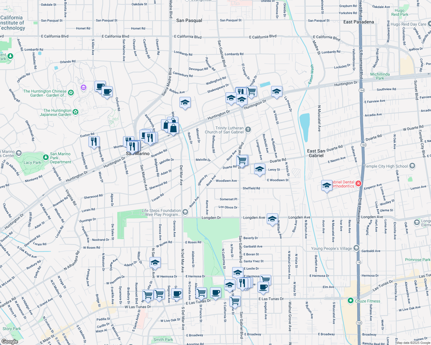 map of restaurants, bars, coffee shops, grocery stores, and more near 1705 Sharon Place in San Marino