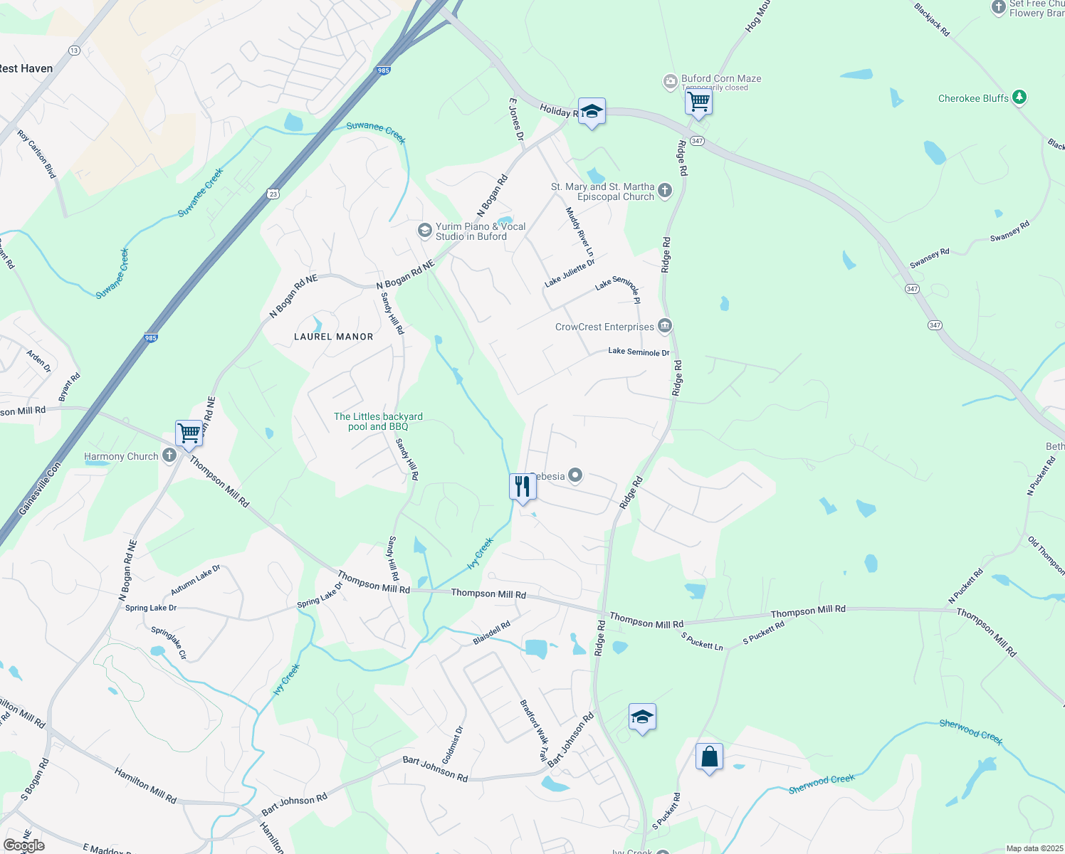 map of restaurants, bars, coffee shops, grocery stores, and more near 3311 Lost Meadows Lane in Buford