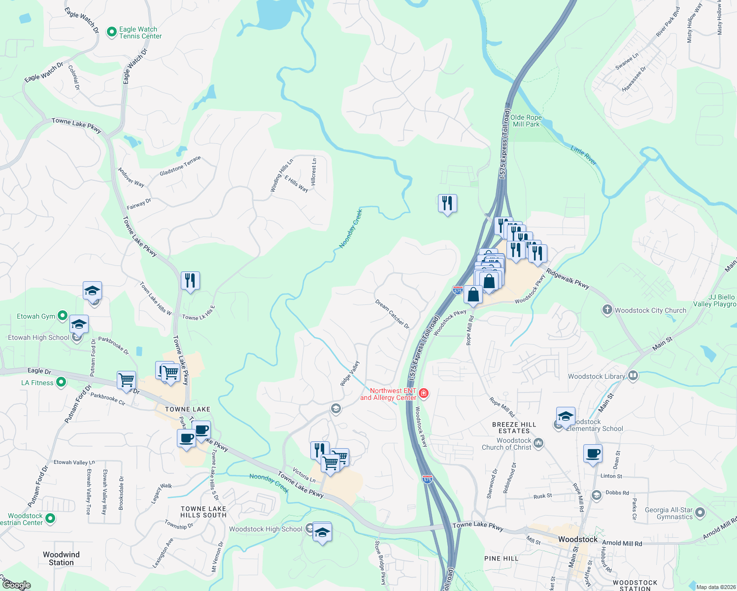 map of restaurants, bars, coffee shops, grocery stores, and more near 303 Horseshoe Bend in Woodstock