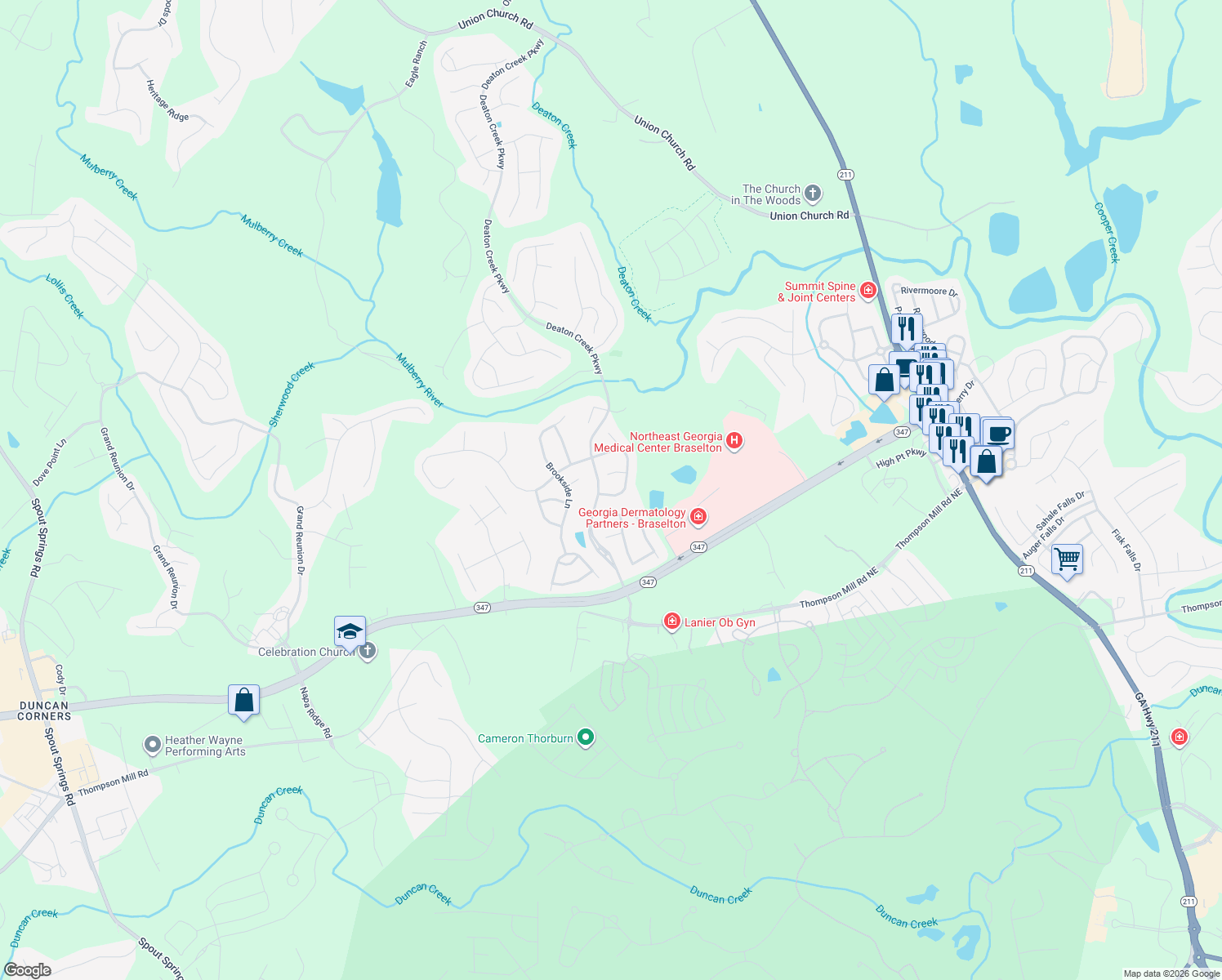 map of restaurants, bars, coffee shops, grocery stores, and more near 5933 Creekside Lane in Hoschton