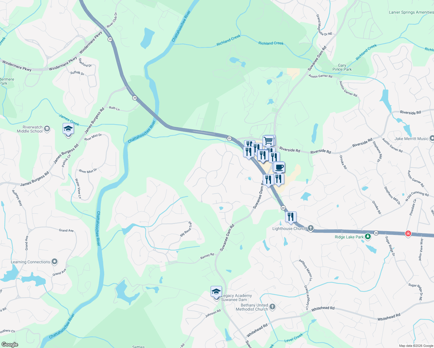 map of restaurants, bars, coffee shops, grocery stores, and more near 651 Brook Valley Way in Sugar Hill