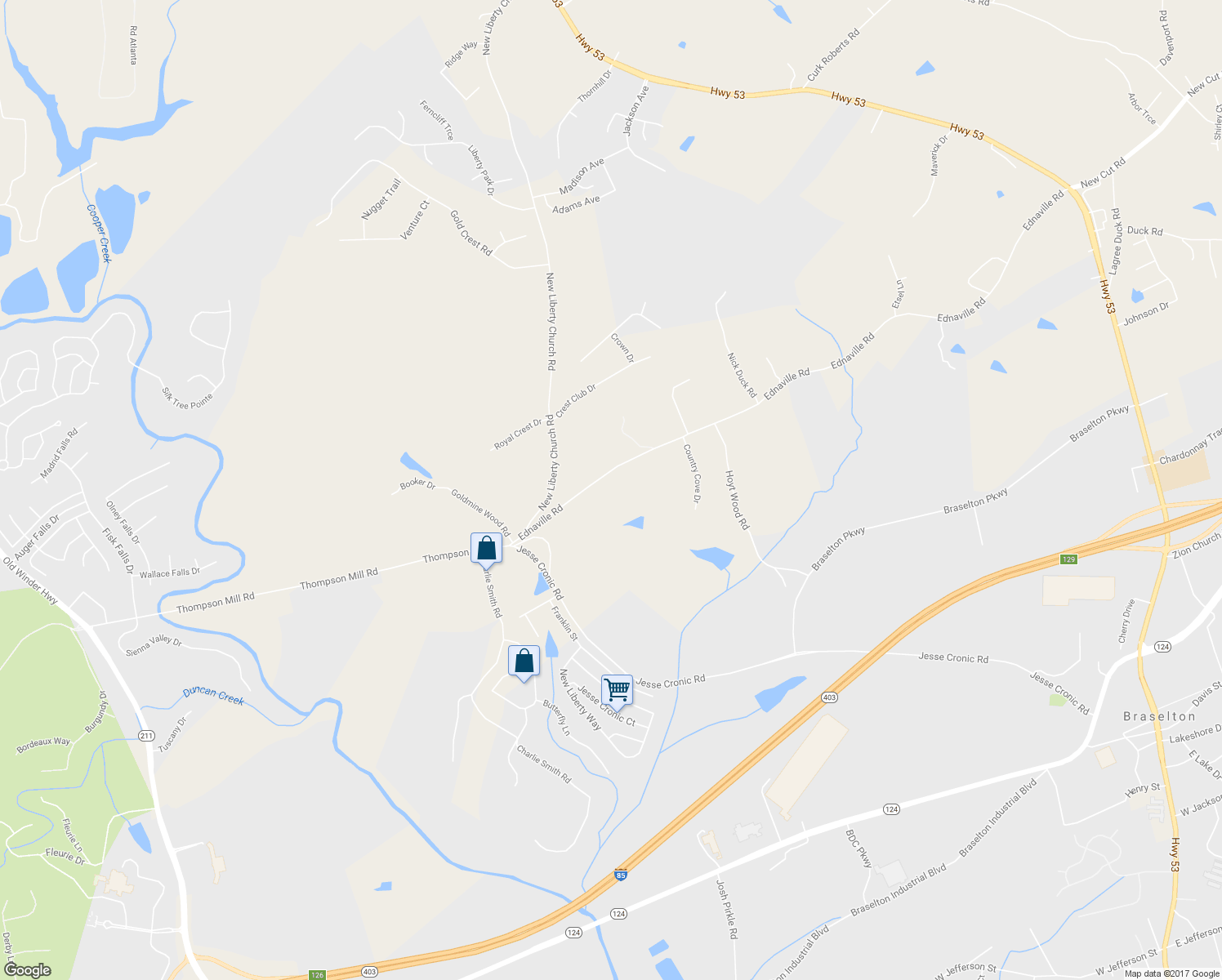 map of restaurants, bars, coffee shops, grocery stores, and more near 1765 Ednaville Road in Braselton