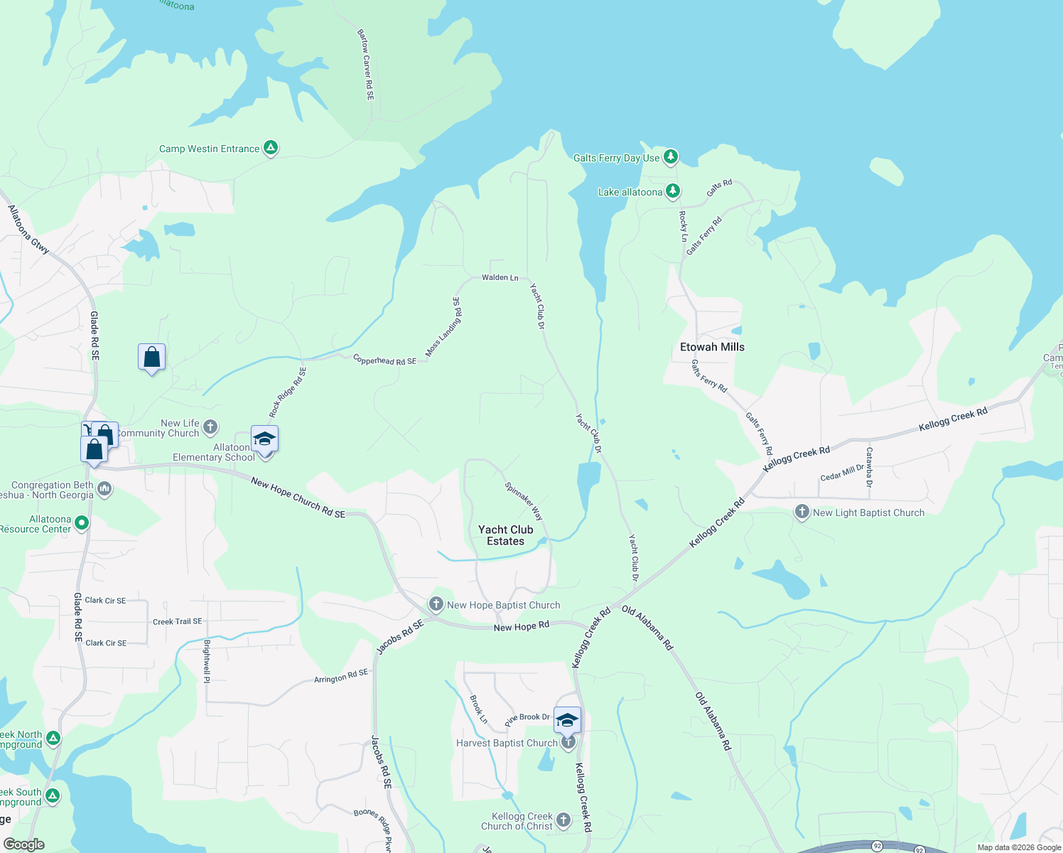 map of restaurants, bars, coffee shops, grocery stores, and more near 3185 Old Mystic Road in Acworth