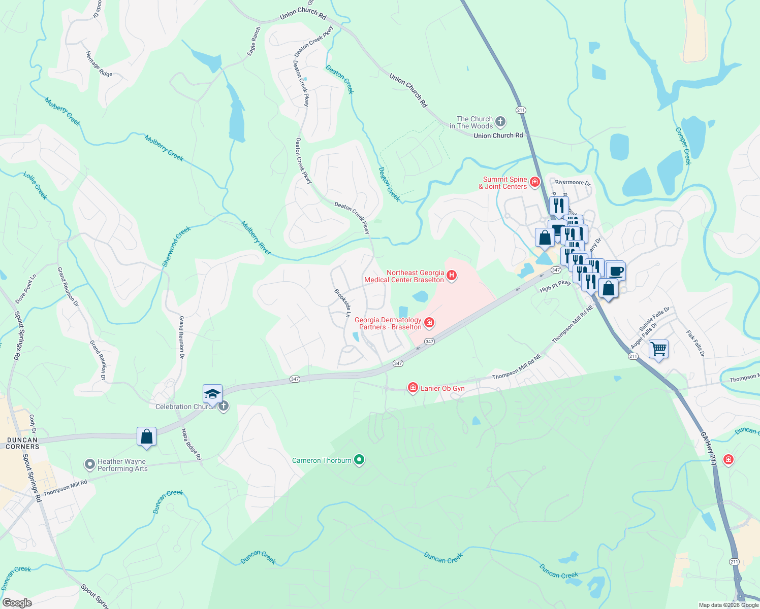 map of restaurants, bars, coffee shops, grocery stores, and more near 5933 Creekside Lane in Hoschton