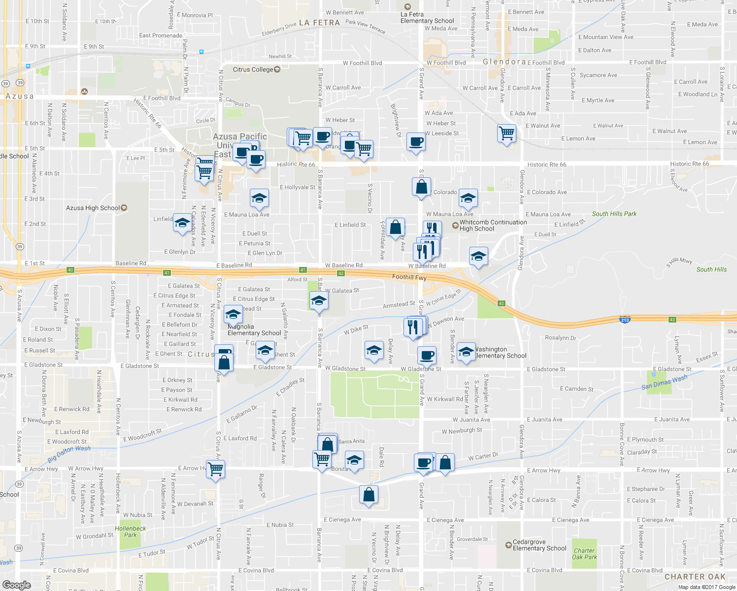 map of restaurants, bars, coffee shops, grocery stores, and more near 755 West Citrus Edge Street in Glendora