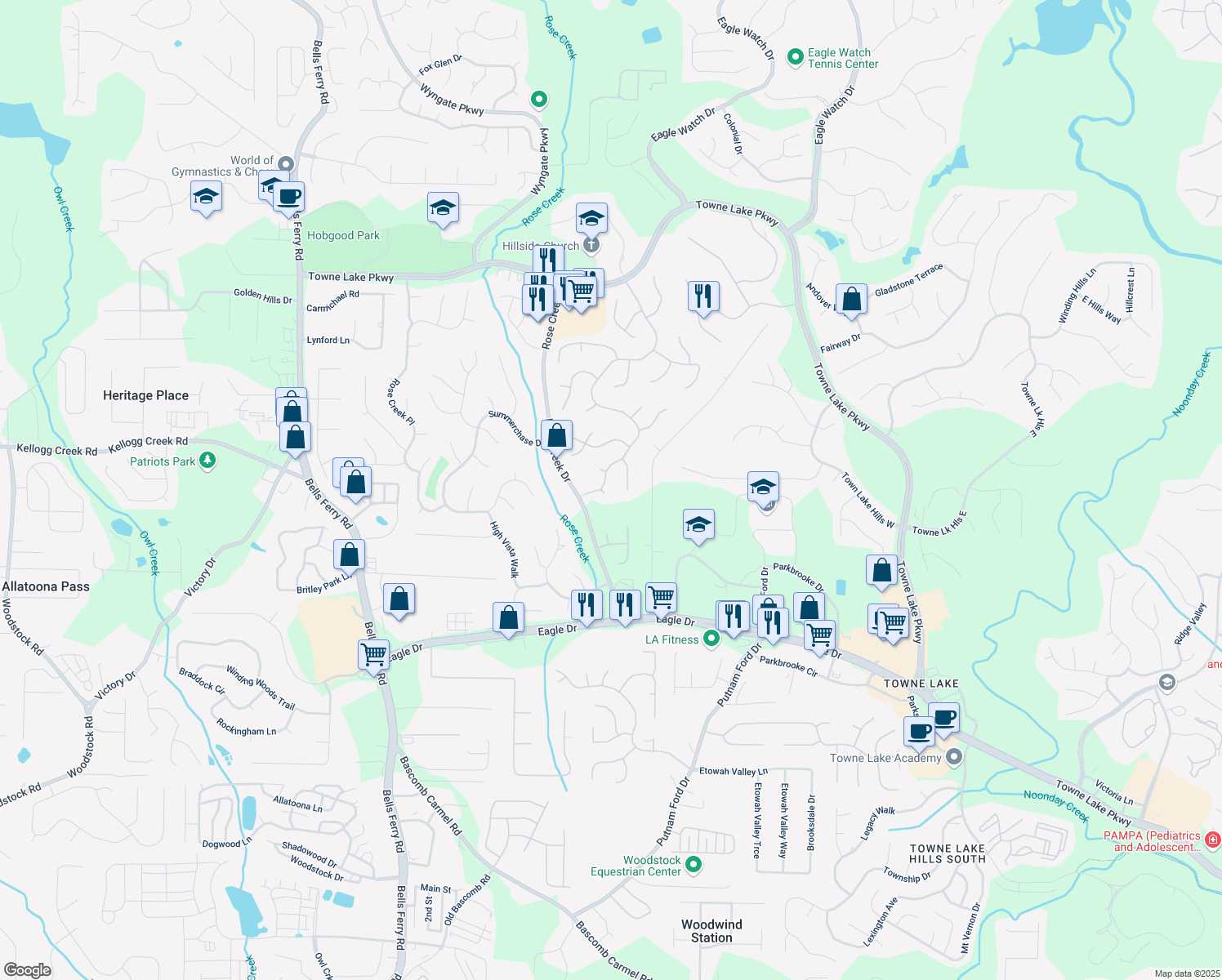 map of restaurants, bars, coffee shops, grocery stores, and more near 401 Briardale Court in Woodstock