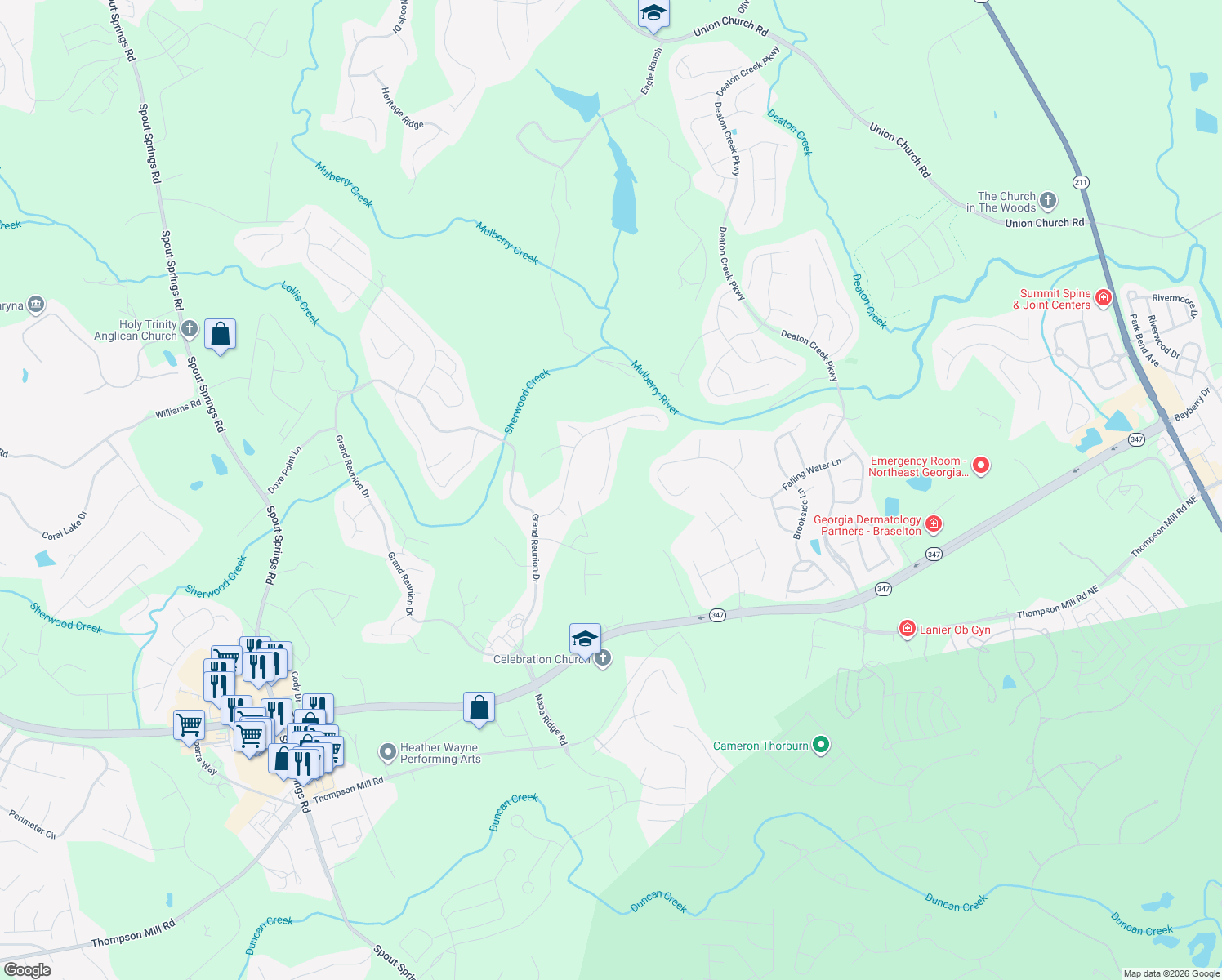 map of restaurants, bars, coffee shops, grocery stores, and more near 5960 Deer Chase Lane in Hoschton