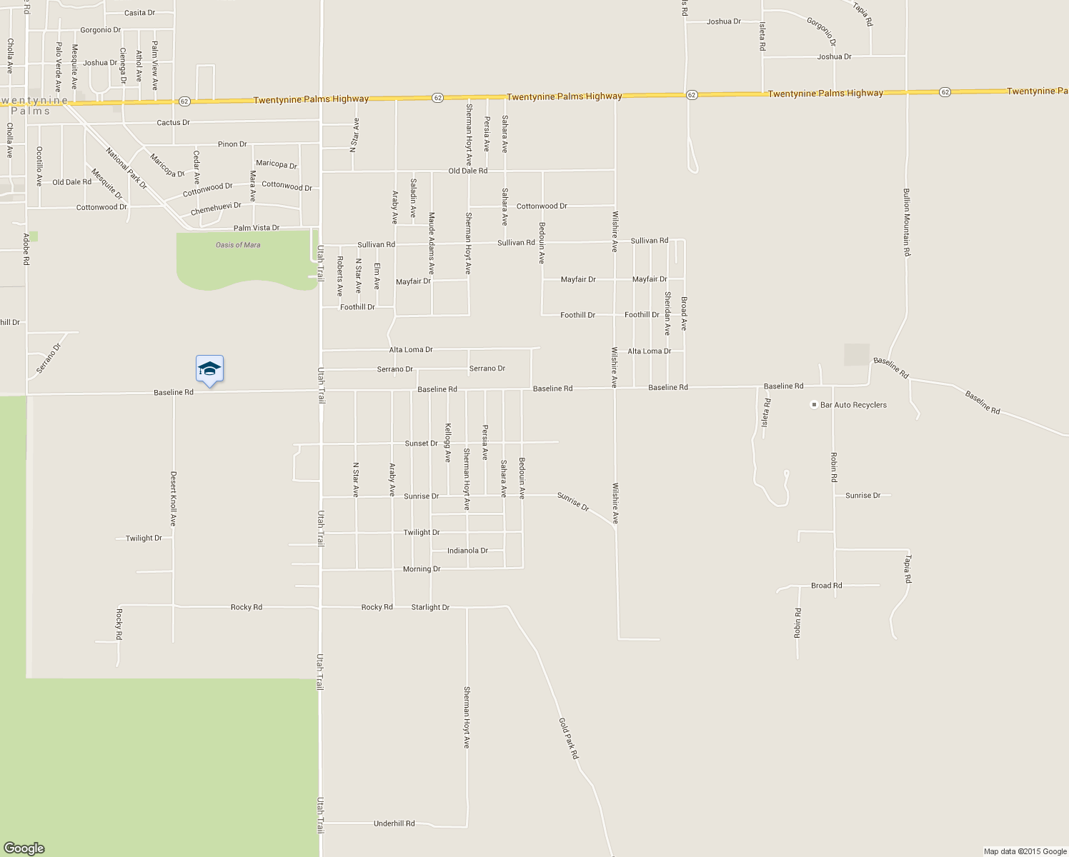 map of restaurants, bars, coffee shops, grocery stores, and more near 75086 Sunset Dr in Twentynine Palms