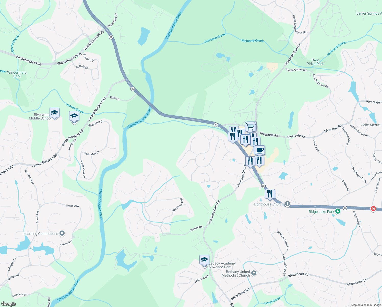 map of restaurants, bars, coffee shops, grocery stores, and more near 283 Double Gate Way Northeast in Sugar Hill
