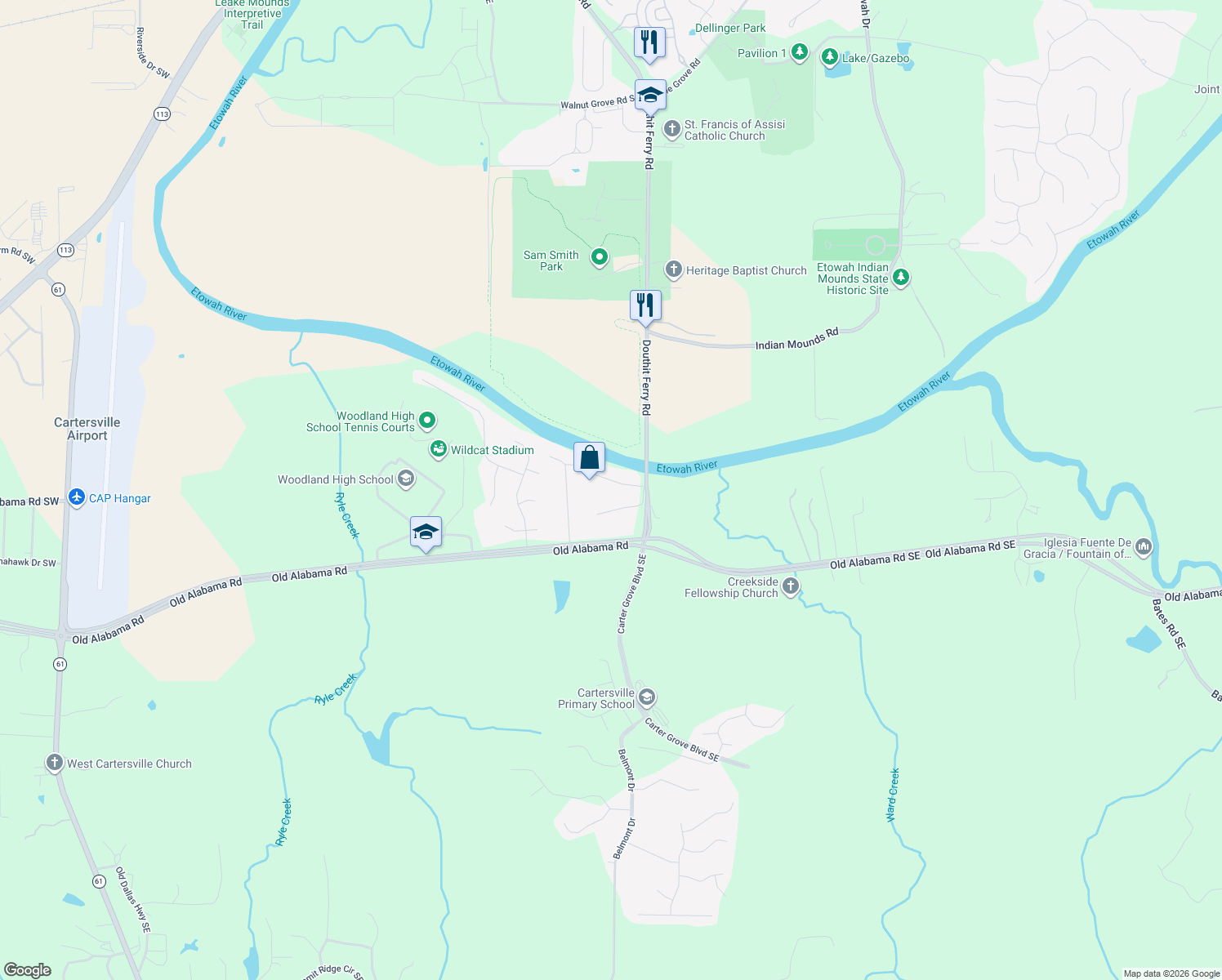 map of restaurants, bars, coffee shops, grocery stores, and more near 17 Riverside Court Southeast in Cartersville