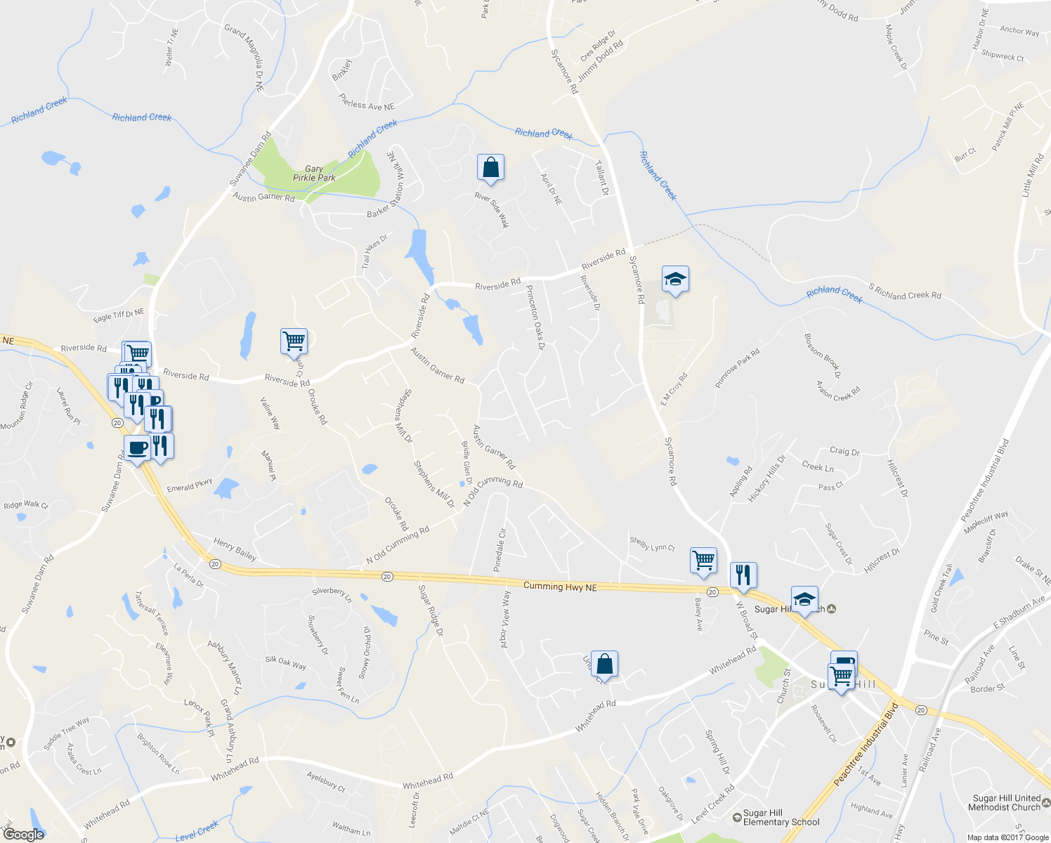 map of restaurants, bars, coffee shops, grocery stores, and more near 5555 Sugar Crossing Drive in Sugar Hill