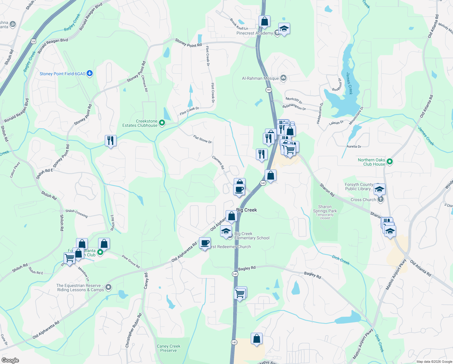 map of restaurants, bars, coffee shops, grocery stores, and more near 2460 Hillandale Circle in Cumming