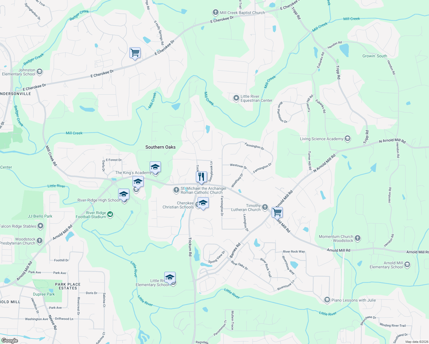 map of restaurants, bars, coffee shops, grocery stores, and more near 110 Sunnybrook Lane in Woodstock