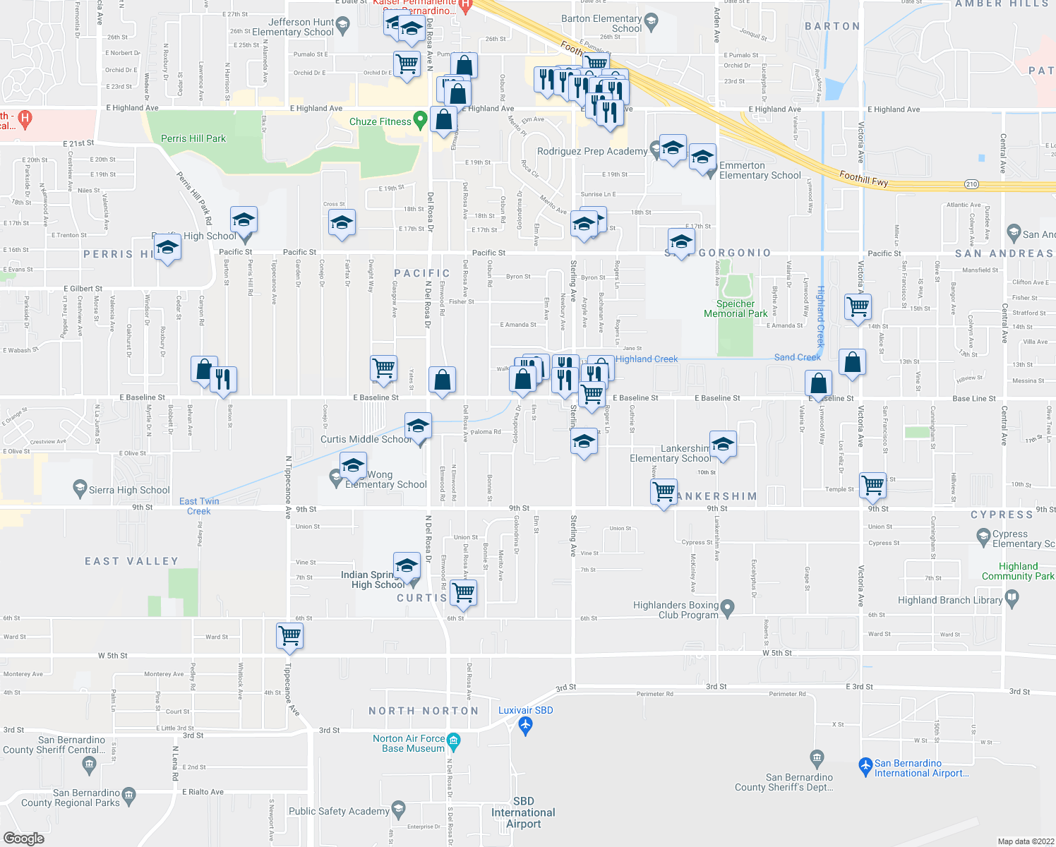 map of restaurants, bars, coffee shops, grocery stores, and more near 7355 Elm Street in San Bernardino