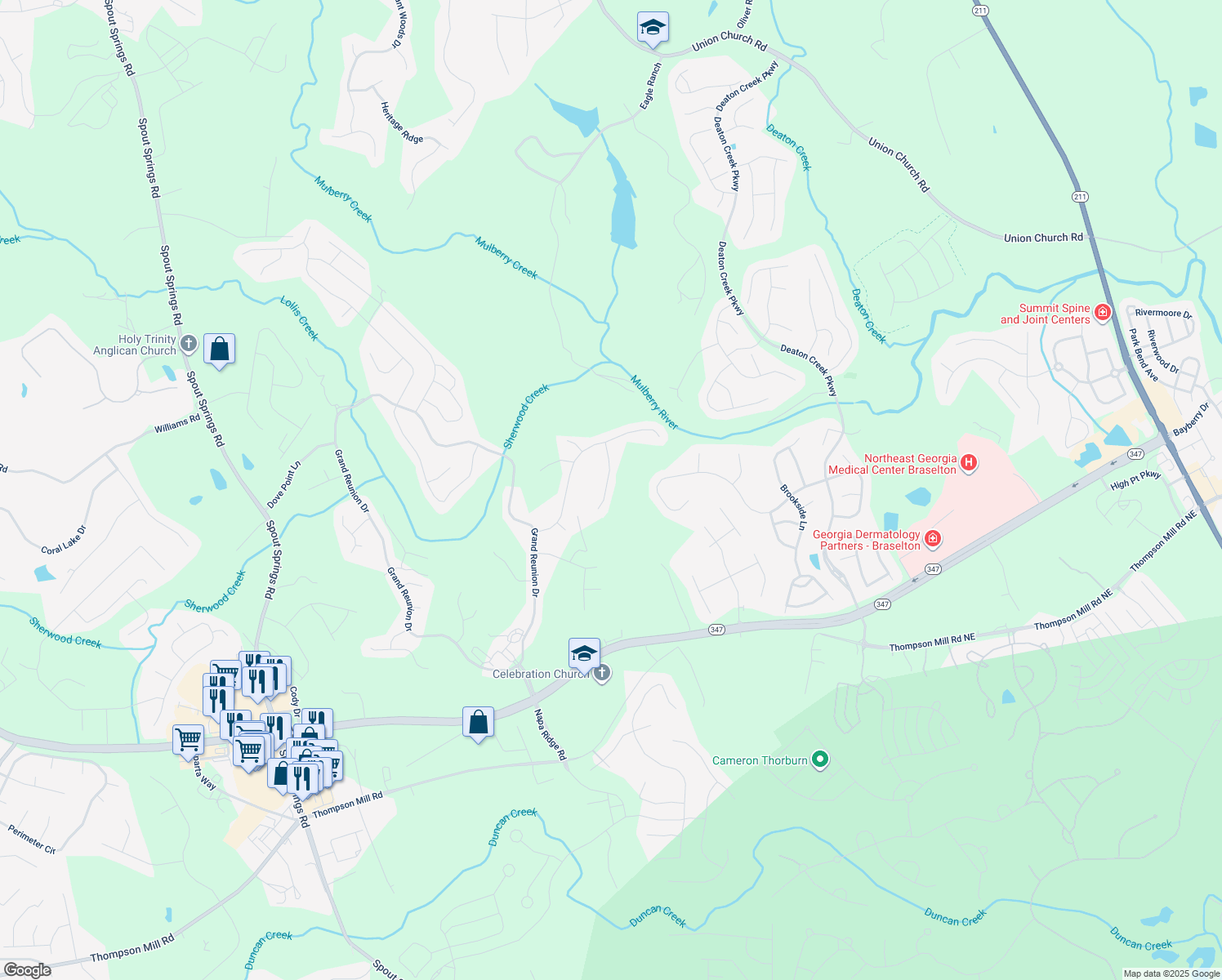map of restaurants, bars, coffee shops, grocery stores, and more near 5941 Deer Chase Lane in Hoschton