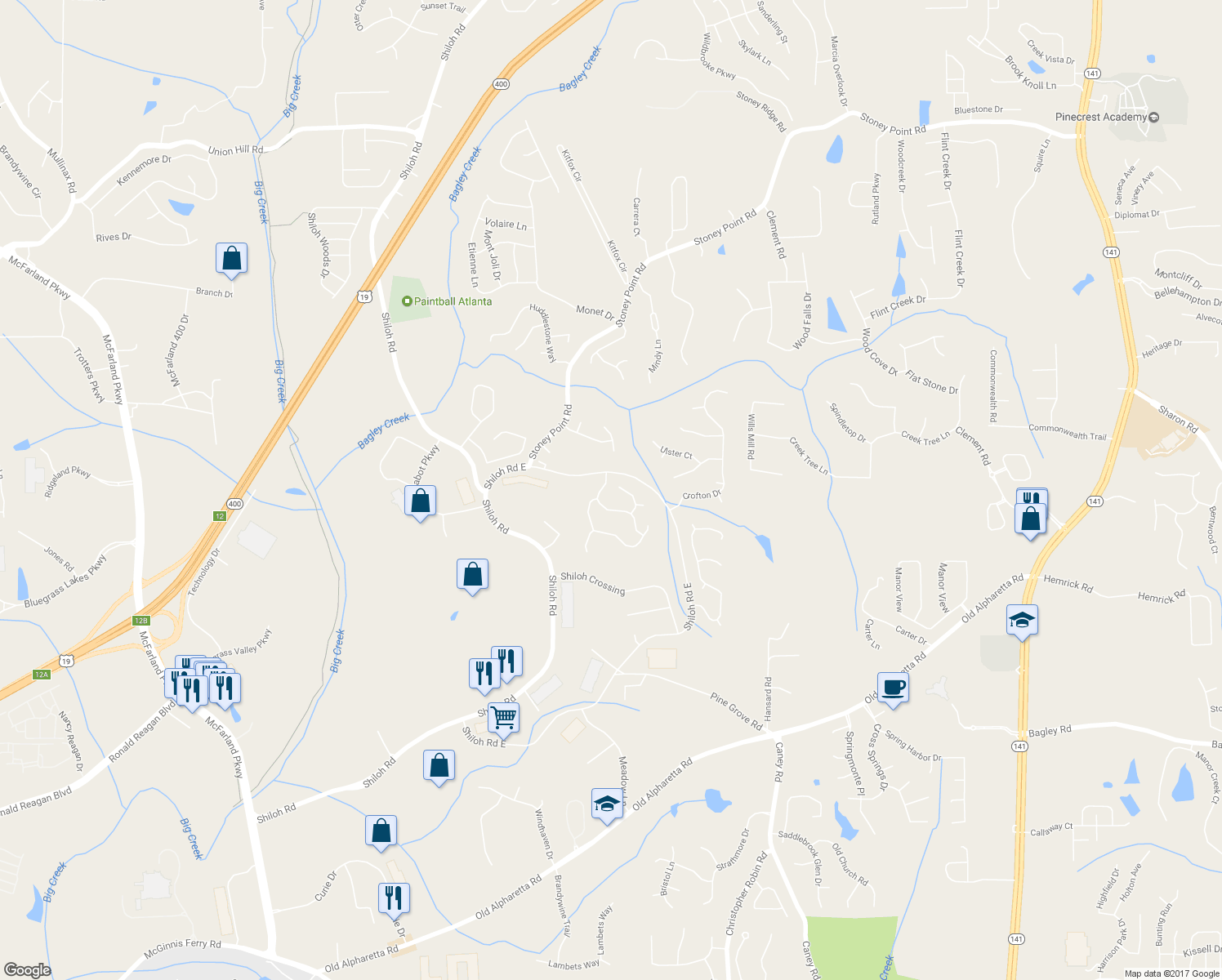 map of restaurants, bars, coffee shops, grocery stores, and more near 6341 Kristensen Court in Alpharetta