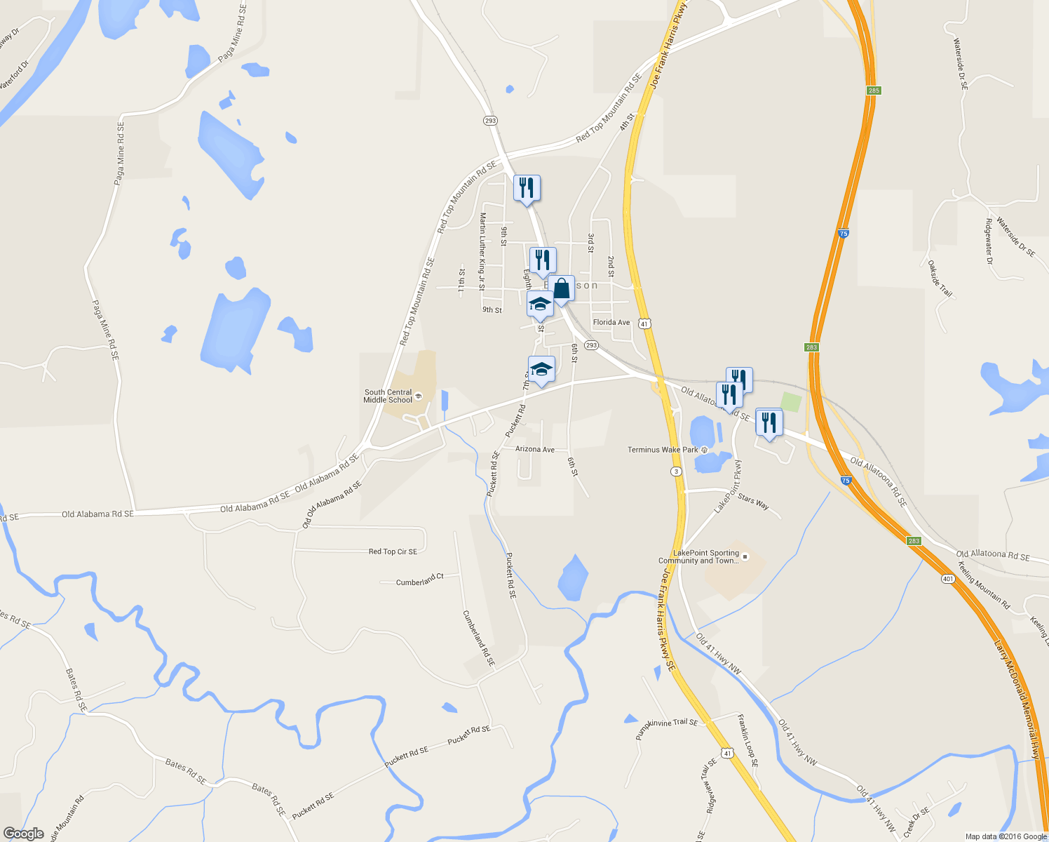 map of restaurants, bars, coffee shops, grocery stores, and more near 31 Puckett Road Southeast in Emerson